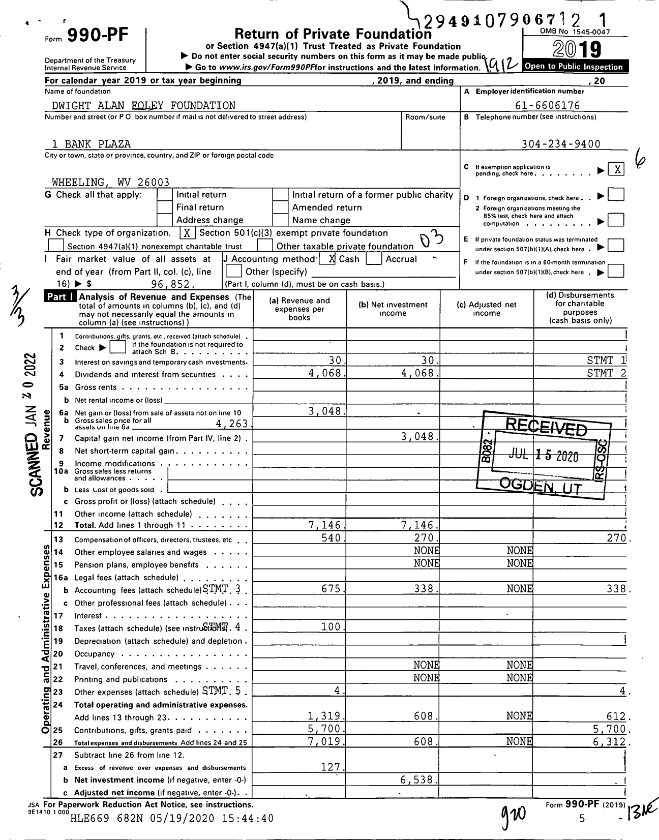 Image of first page of 2019 Form 990PF for Dwight Alan Foley Foundation