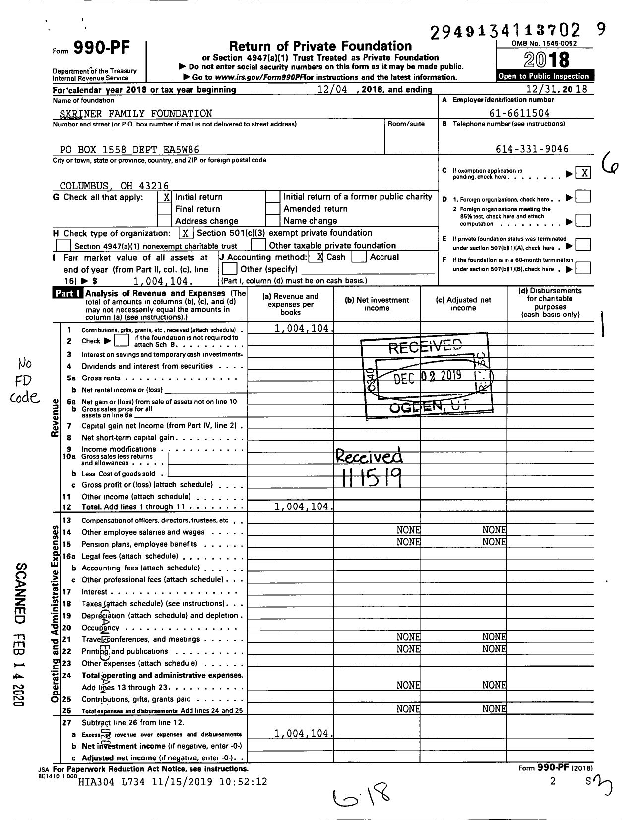 Image of first page of 2018 Form 990PF for Skriner Family Foundation