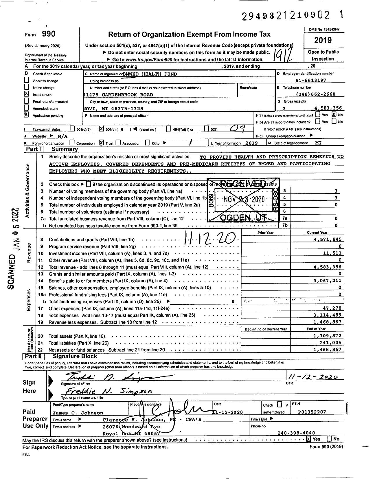 Image of first page of 2019 Form 990O for Bmwed Health Fund