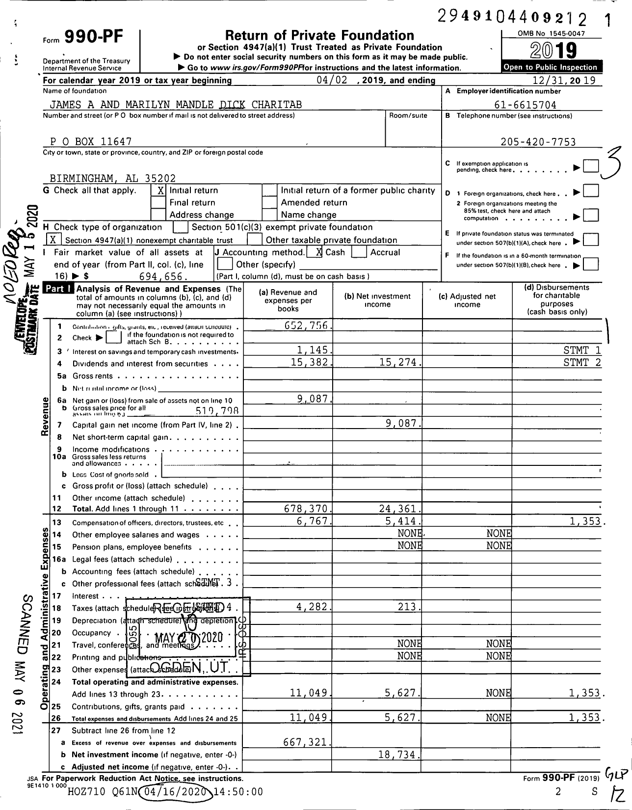 Image of first page of 2019 Form 990PF for James A and Marilyn Mandle Dick Charitab