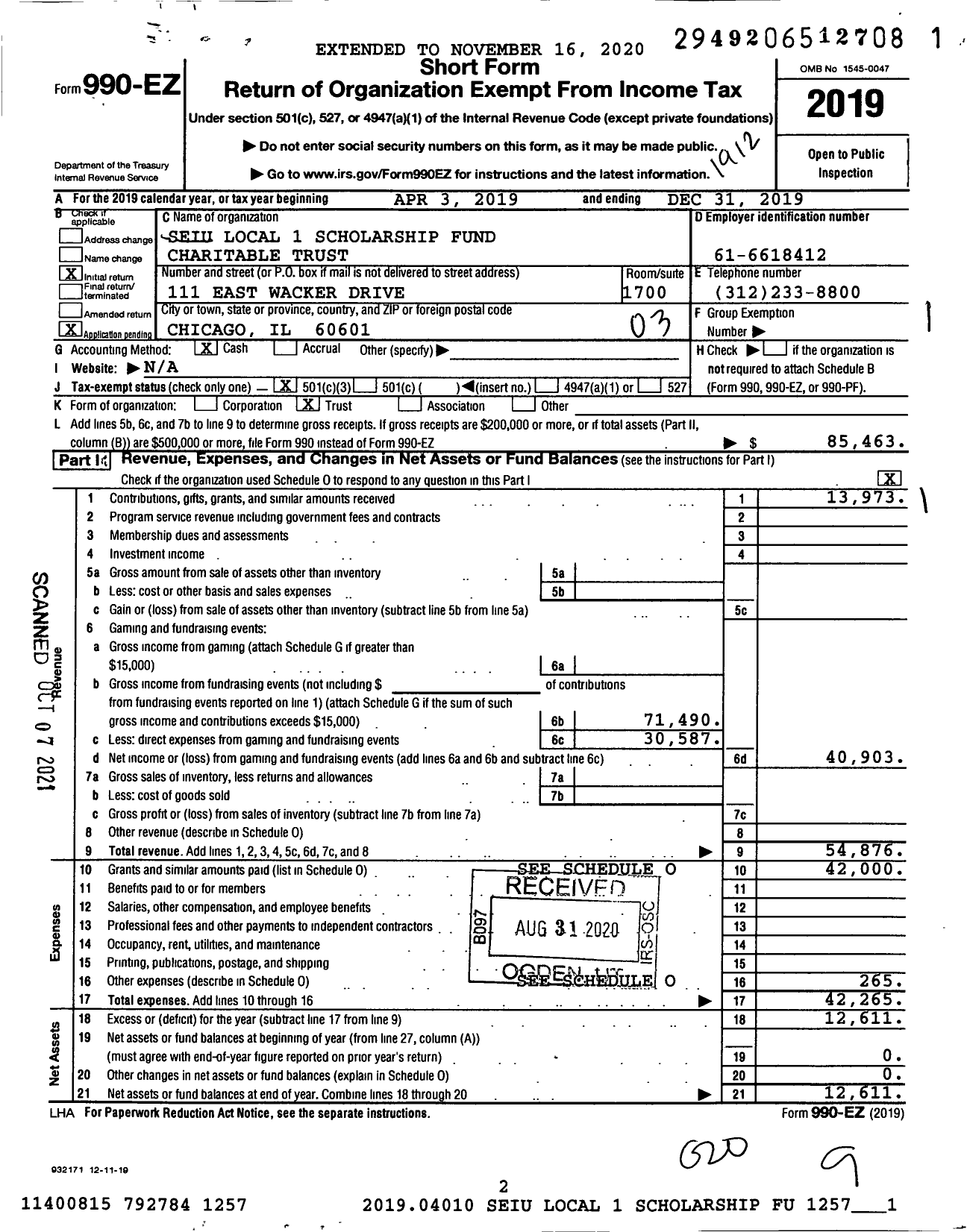 Image of first page of 2019 Form 990EZ for Seiu Local 1 Scholarship Fund Charitable Trust