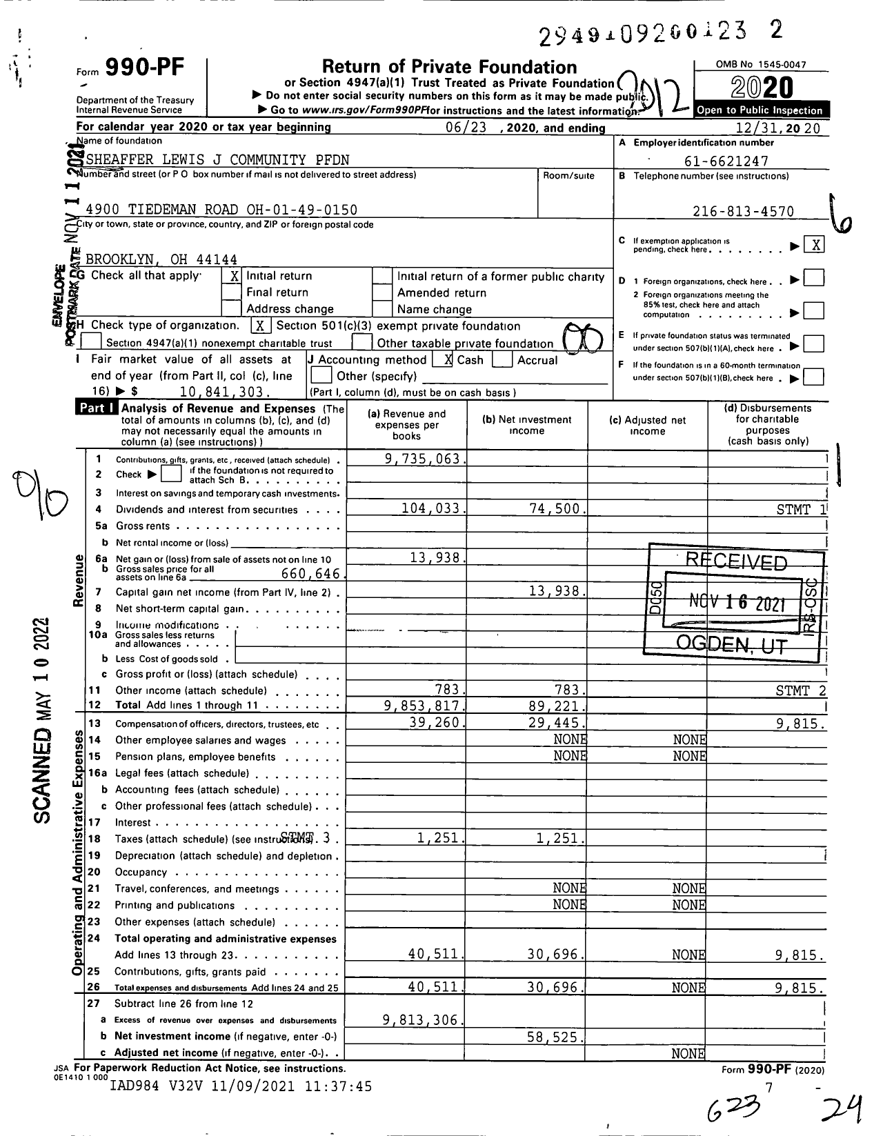 Image of first page of 2020 Form 990PF for Sheaffer Lewis J Community PFDN