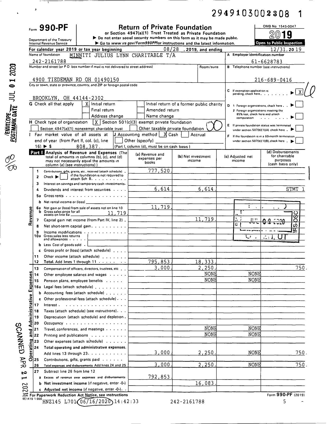 Image of first page of 2019 Form 990PF for Minniti Julius Lynn Charitable Ta