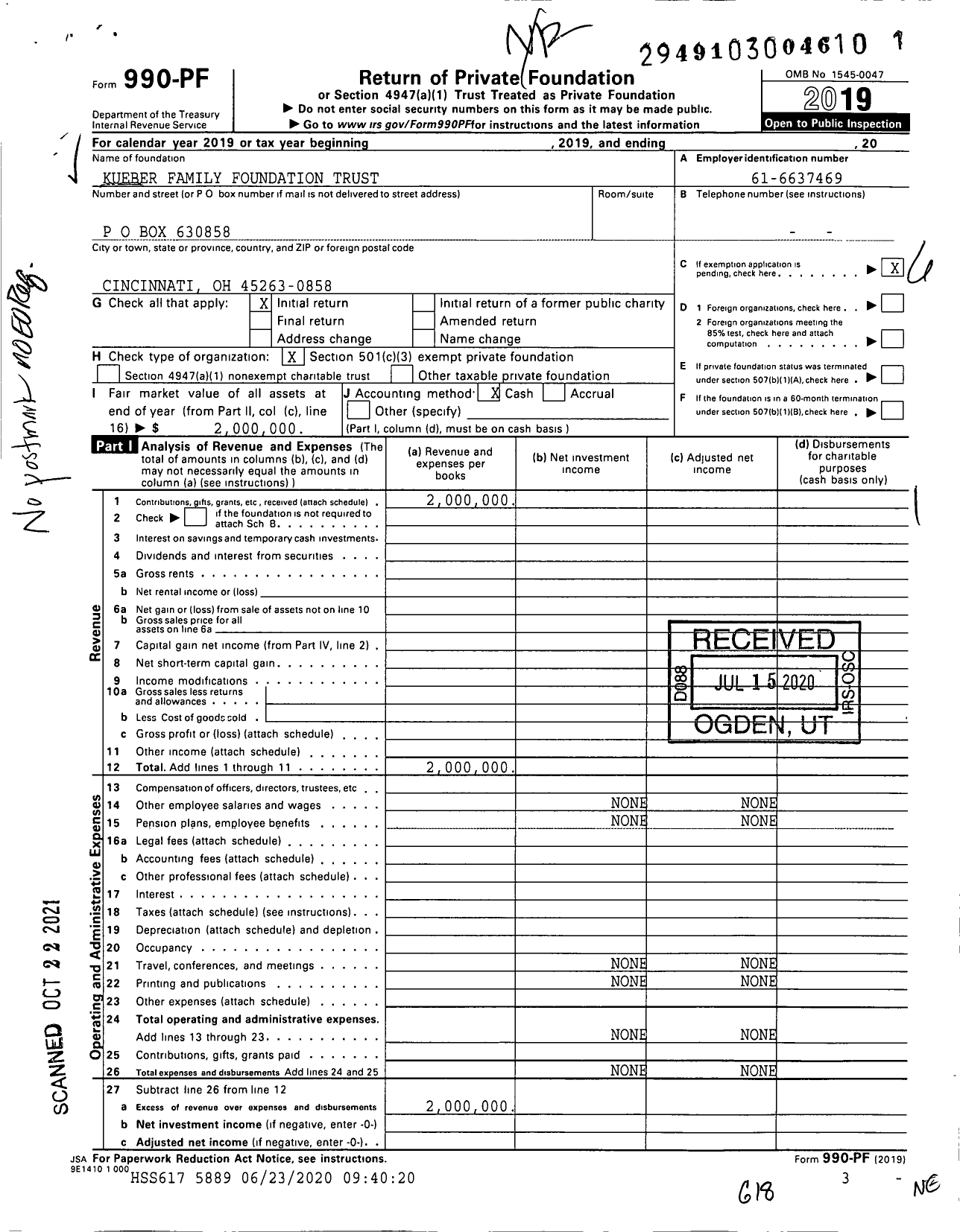 Image of first page of 2019 Form 990PF for Kueber Family Foundation Trust