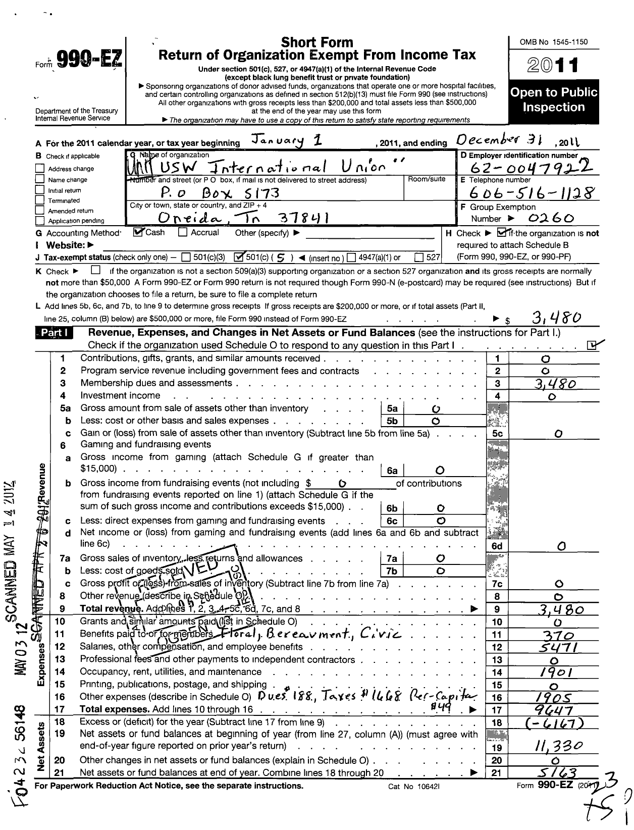 Image of first page of 2011 Form 990EO for United Steelworkers