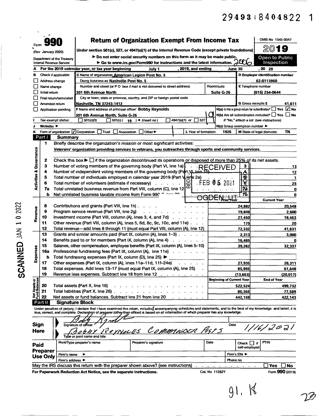 Image of first page of 2019 Form 990O for AMERICAN LEGION - Nashville POST 5