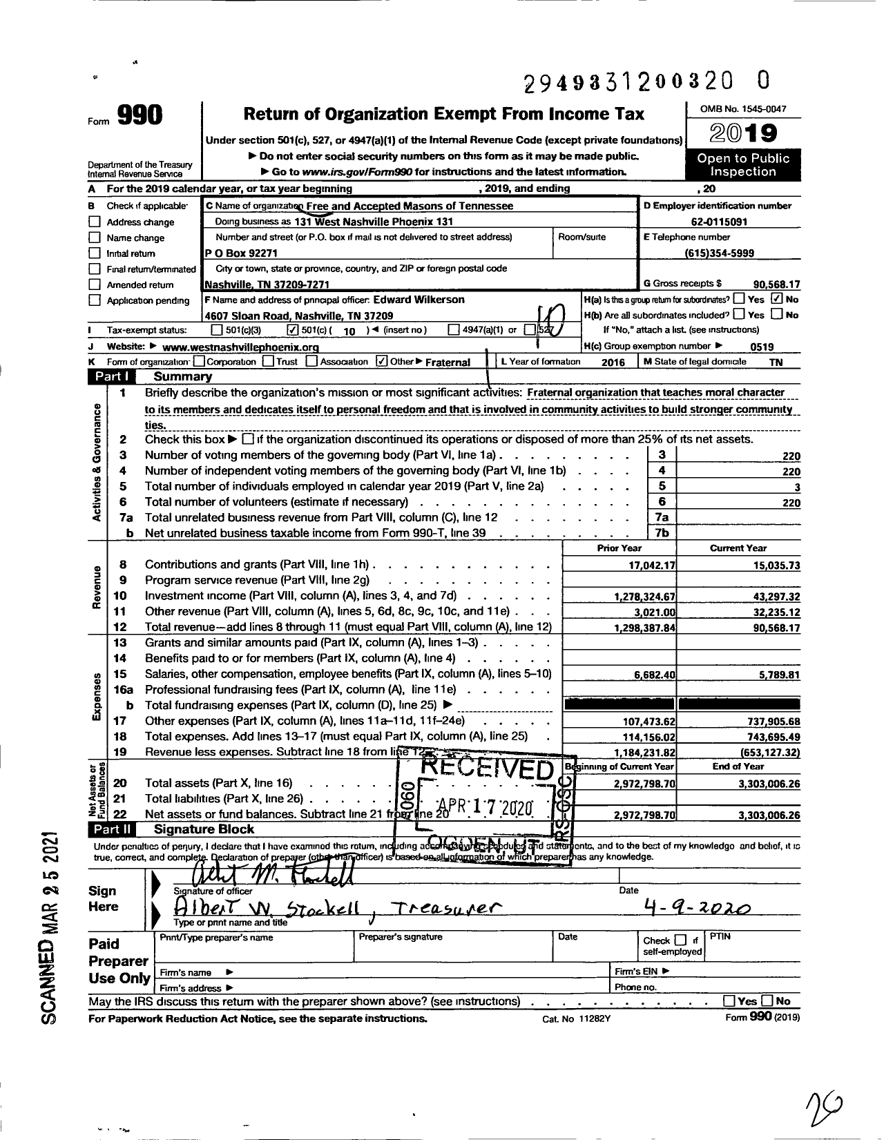 Image of first page of 2019 Form 990O for Free & Accepted Masons of Tennessee - West Nashville Phoenix 131