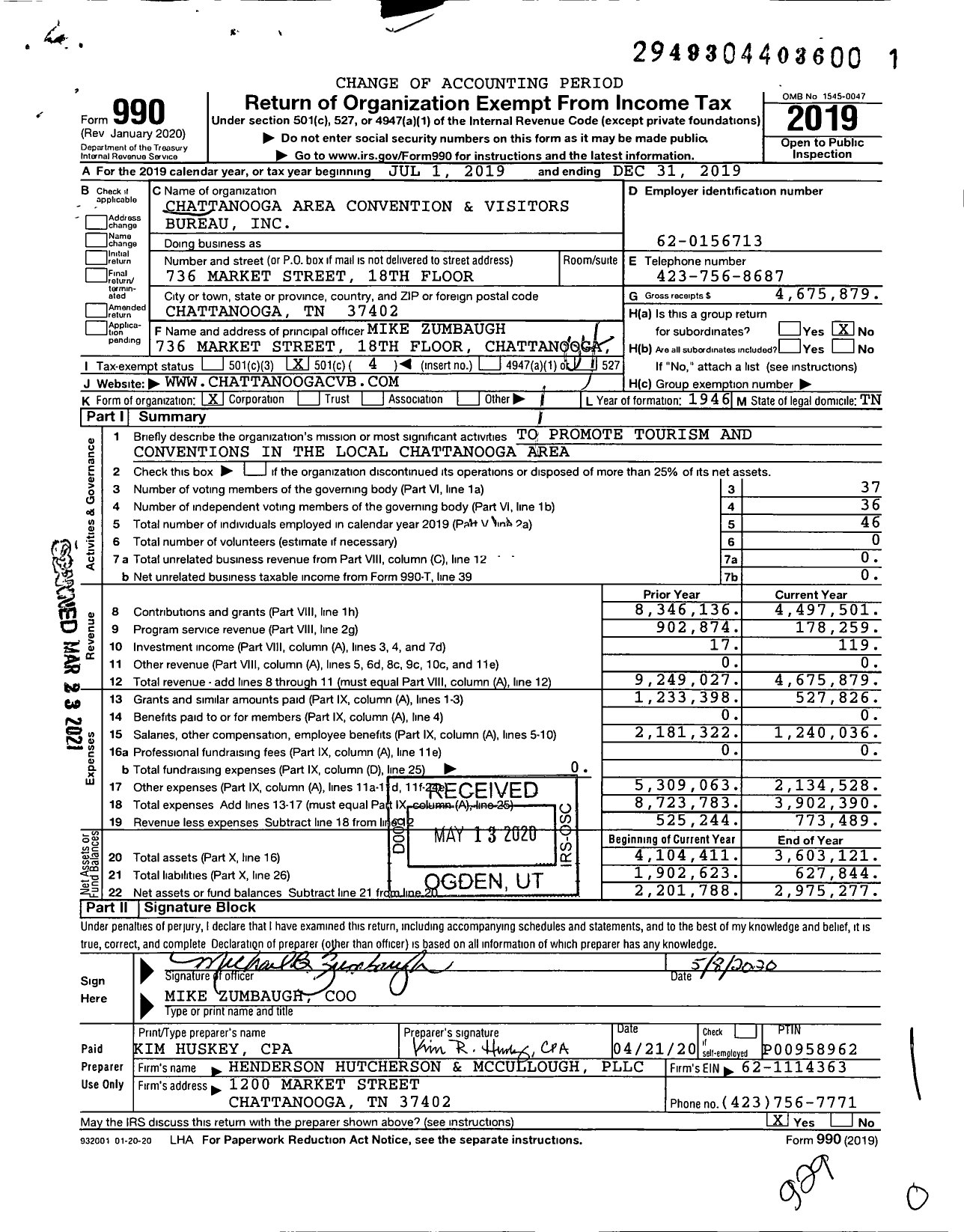 Image of first page of 2019 Form 990O for Chattanooga Tourism Company