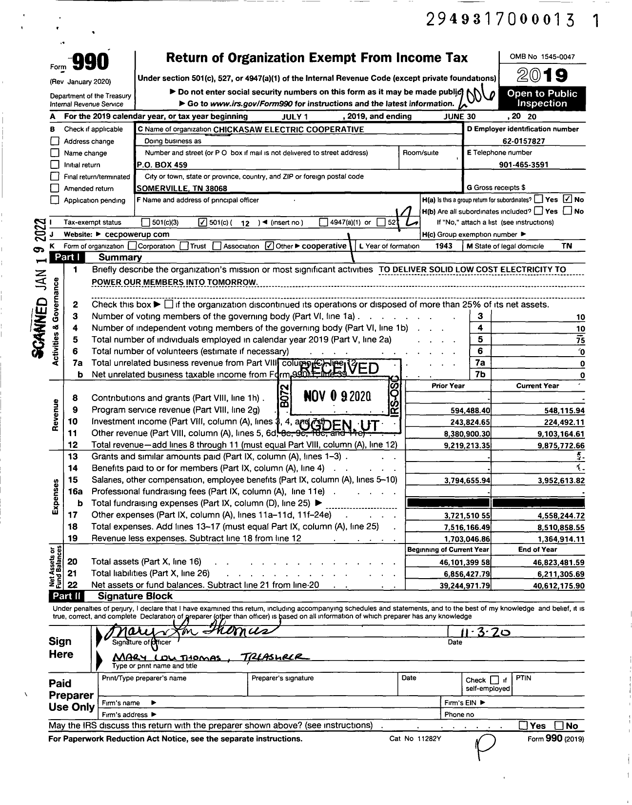 Image of first page of 2019 Form 990O for Chickasaw Electric Cooperative