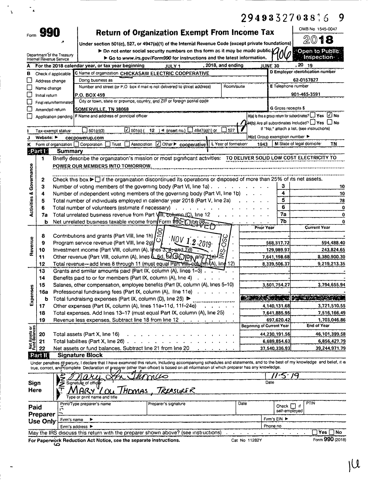 Image of first page of 2018 Form 990O for Chickasaw Electric Cooperative