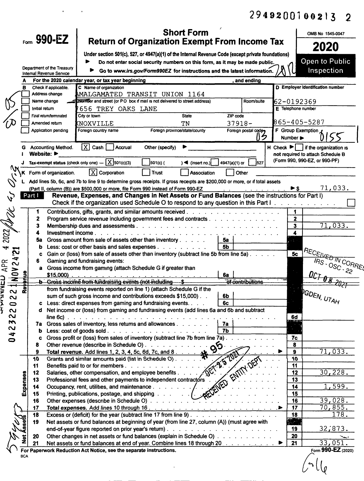 Image of first page of 2020 Form 990EZ for Amalgamated Transit Union - 1164 Local