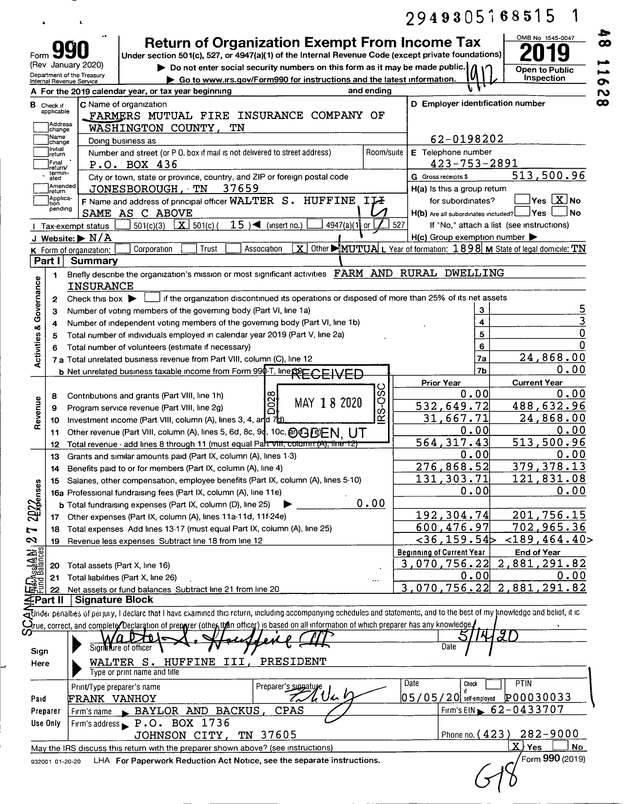 Image of first page of 2019 Form 990O for Farmers Mutual Fire Insurance Company of Washington County TN
