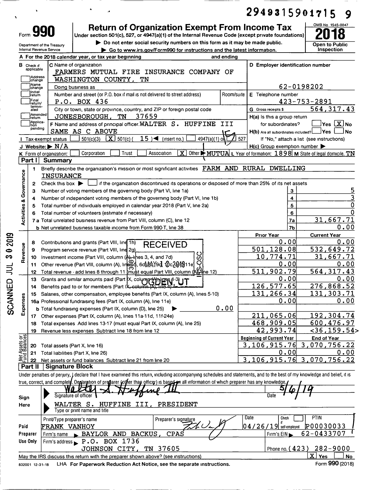 Image of first page of 2018 Form 990O for Farmers Mutual Fire Insurance Company of Washington County TN