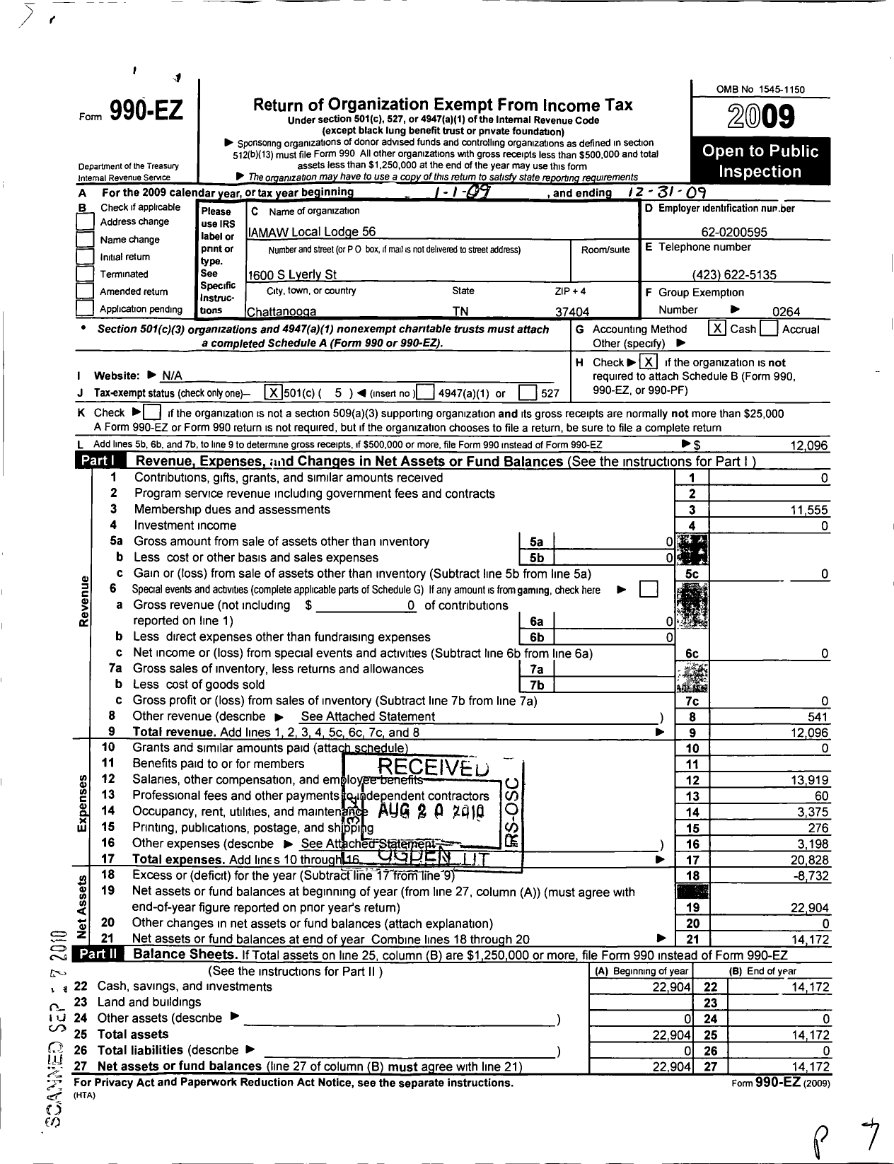 Image of first page of 2009 Form 990EO for International Association of Machinists and Aerospace Workers - 56 Success Lodge