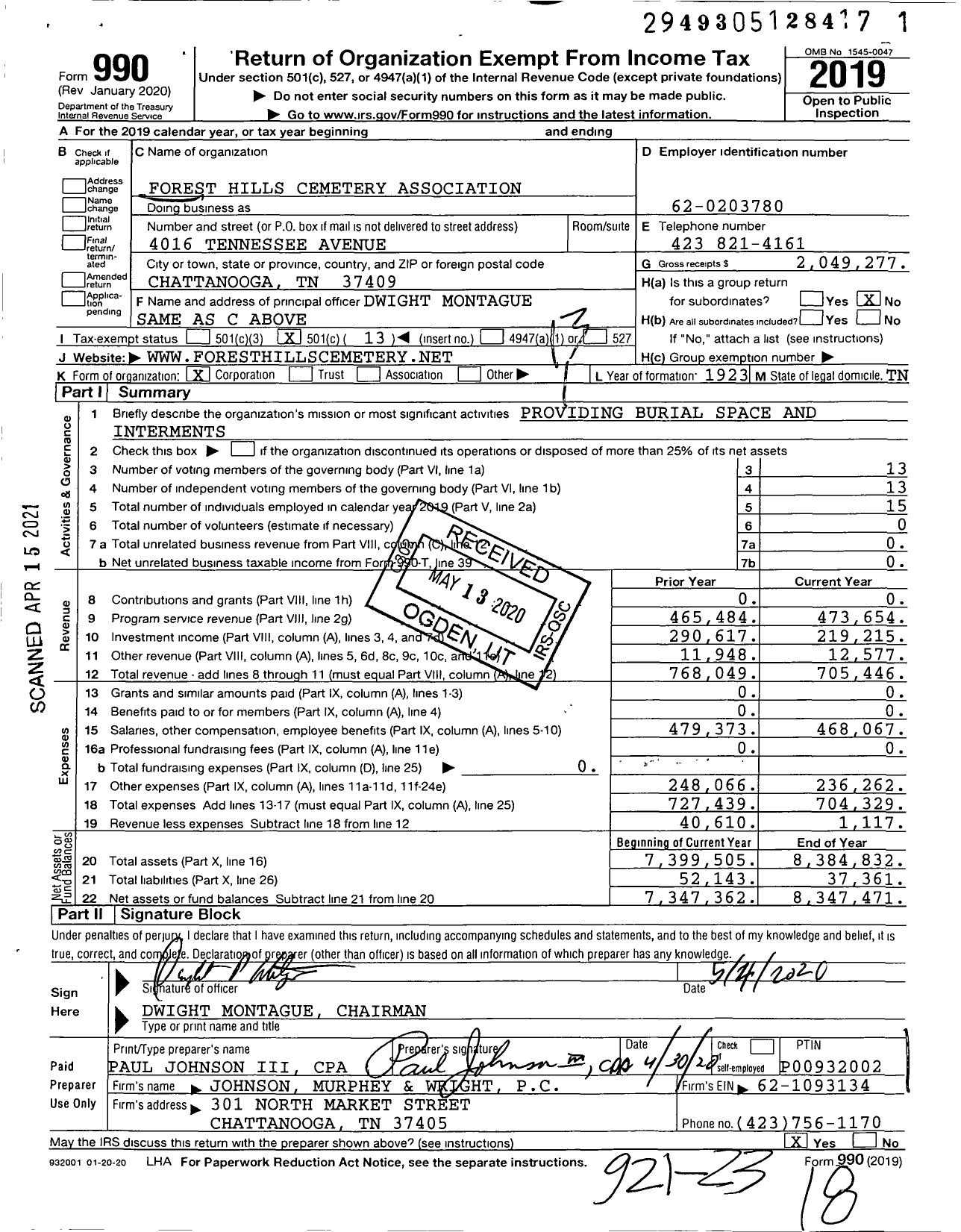 Image of first page of 2019 Form 990O for Forest Hills Cemetery Association