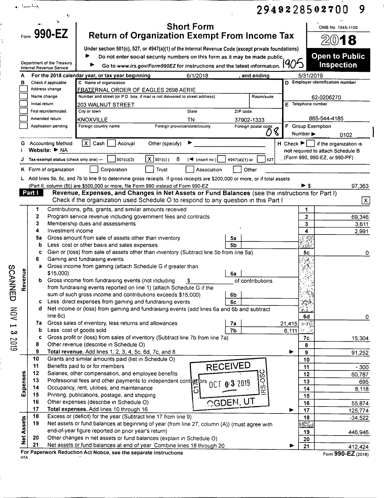 Image of first page of 2018 Form 990EO for Fraternal Order of Eagles - 2698 Aerie