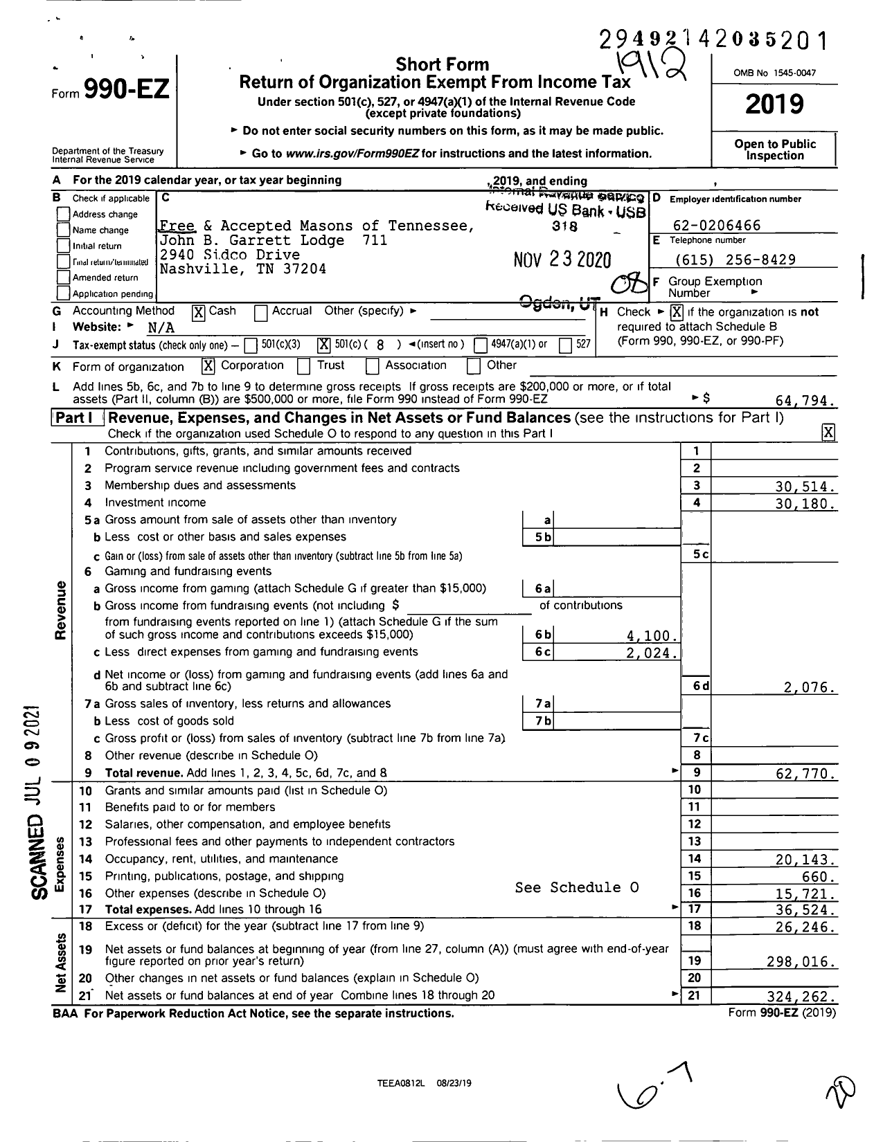 Image of first page of 2019 Form 990EO for Free and Accepted Masons of Tennessee - 711 John B Garrett