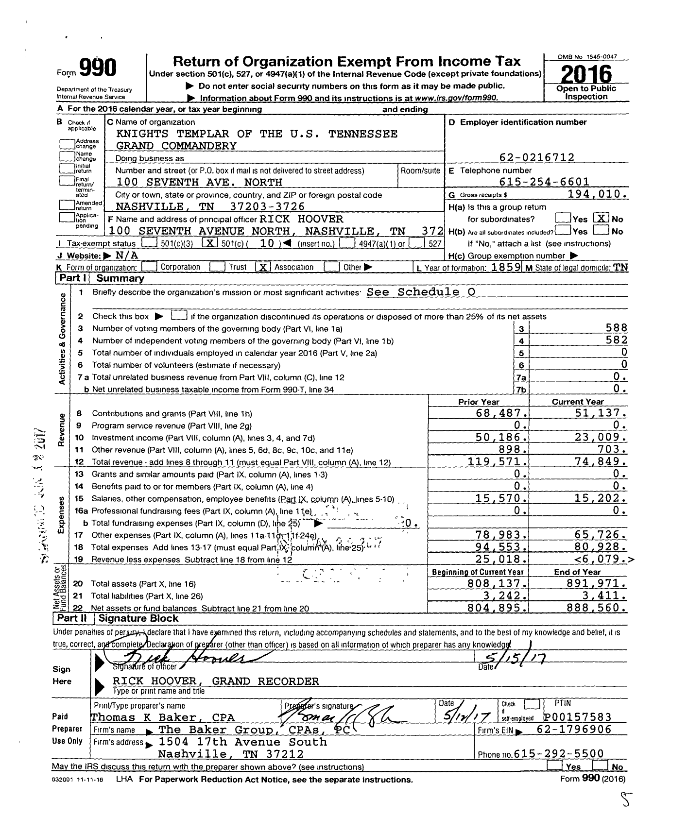 Image of first page of 2016 Form 990O for Knights Templar - Grand Commandery of Tennessee