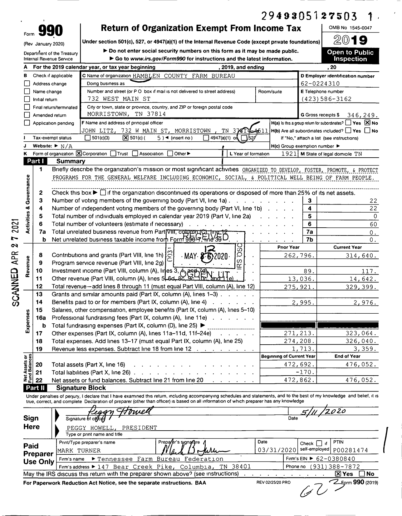 Image of first page of 2019 Form 990O for Hamblen County Farm Bureau