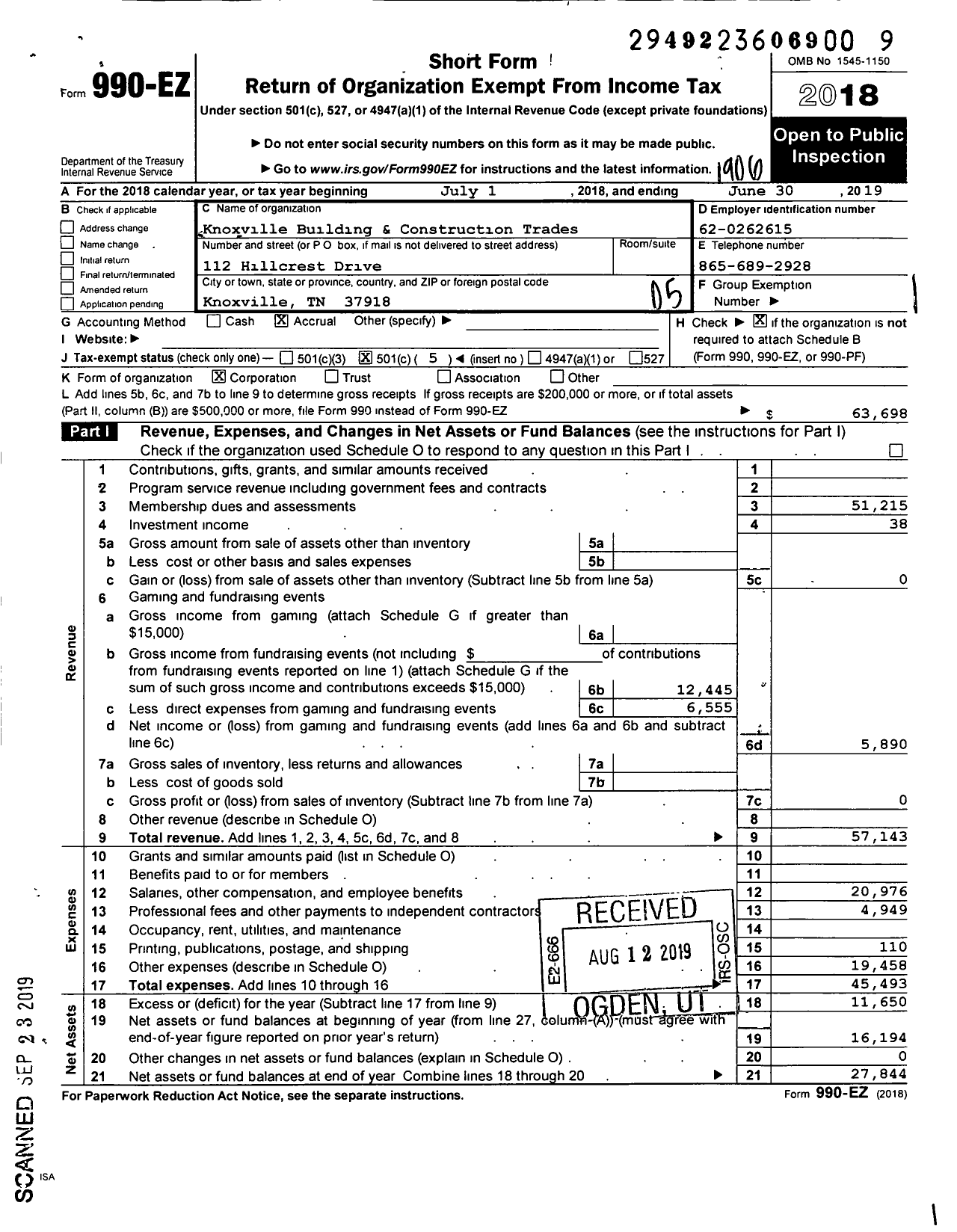 Image of first page of 2018 Form 990EO for Knoxville Building and Construction Trades Council