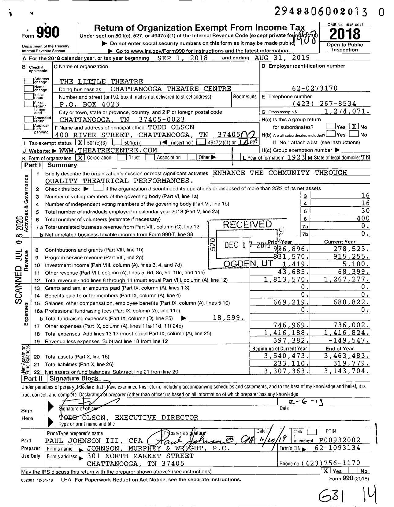 Image of first page of 2018 Form 990 for Chattanooga Theatre Centre