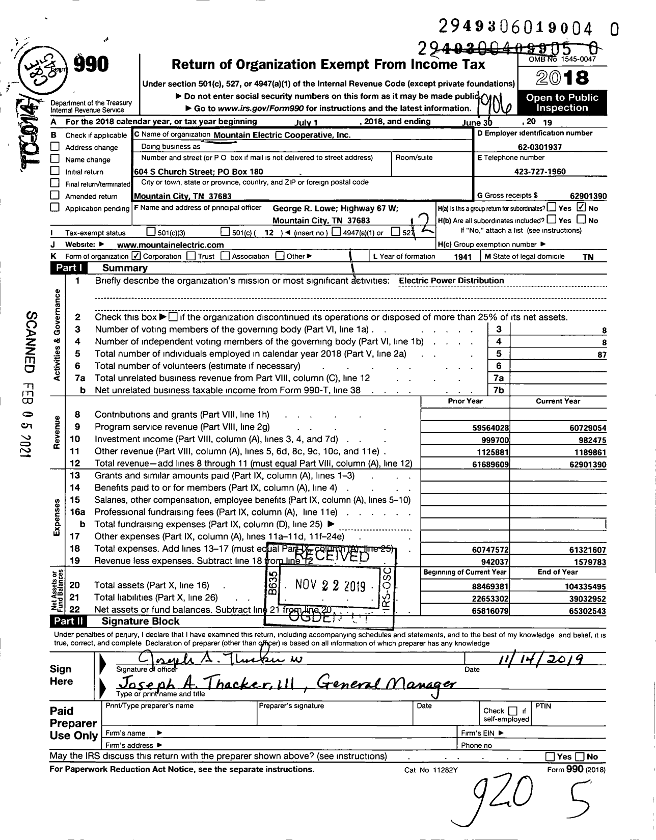 Image of first page of 2018 Form 990O for Mountain Electric Cooperative