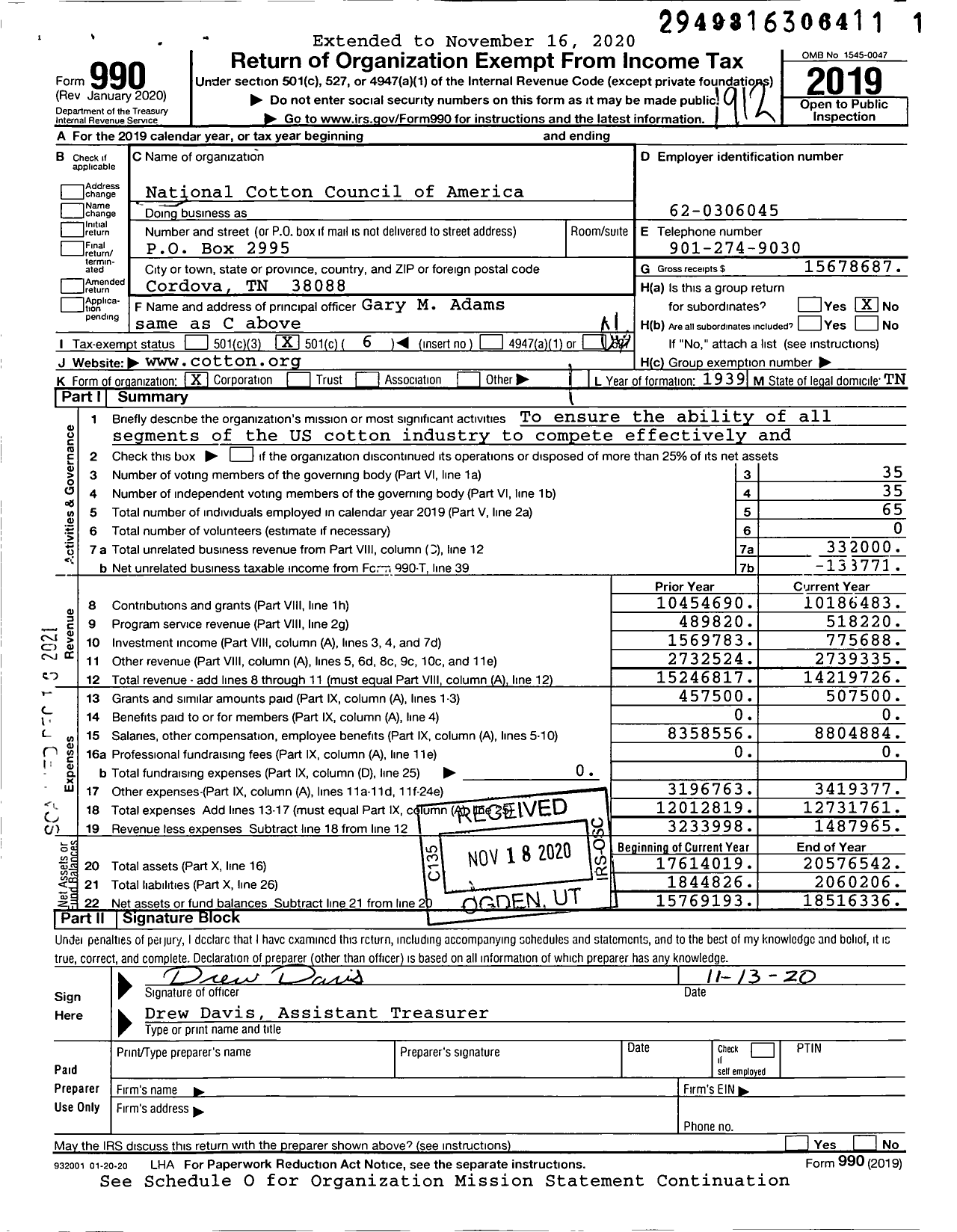 Image of first page of 2019 Form 990O for National Cotton Council of America (NCC)