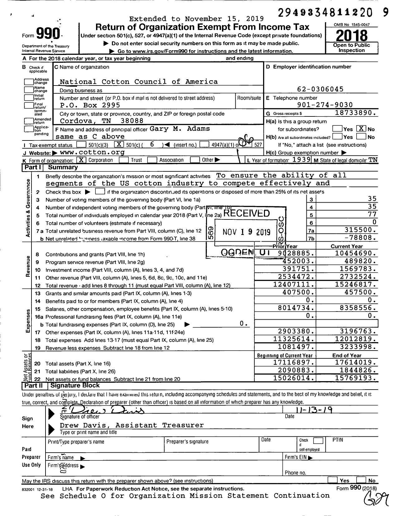 Image of first page of 2018 Form 990O for National Cotton Council of America (NCC)