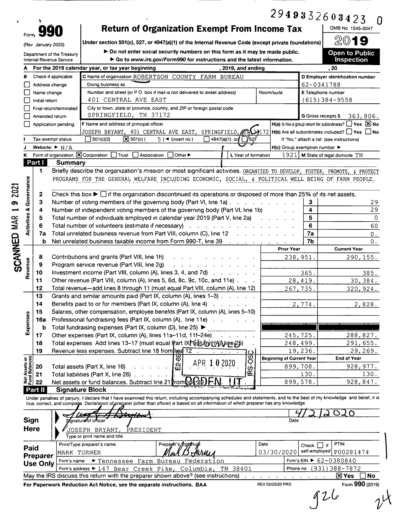 Image of first page of 2019 Form 990O for Robertson County Farm Bureau