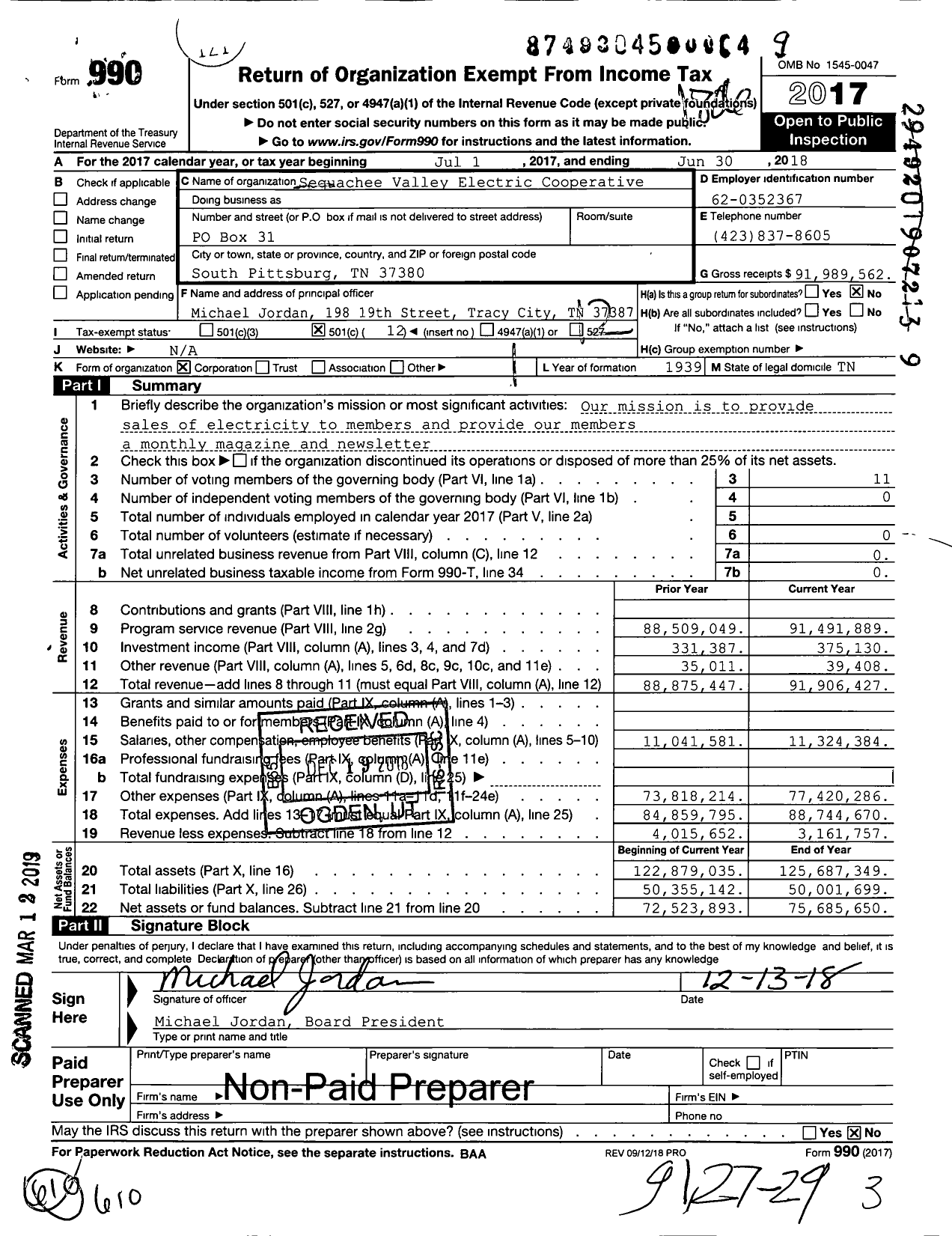 Image of first page of 2017 Form 990O for Sequachee Valley Electric Cooperative