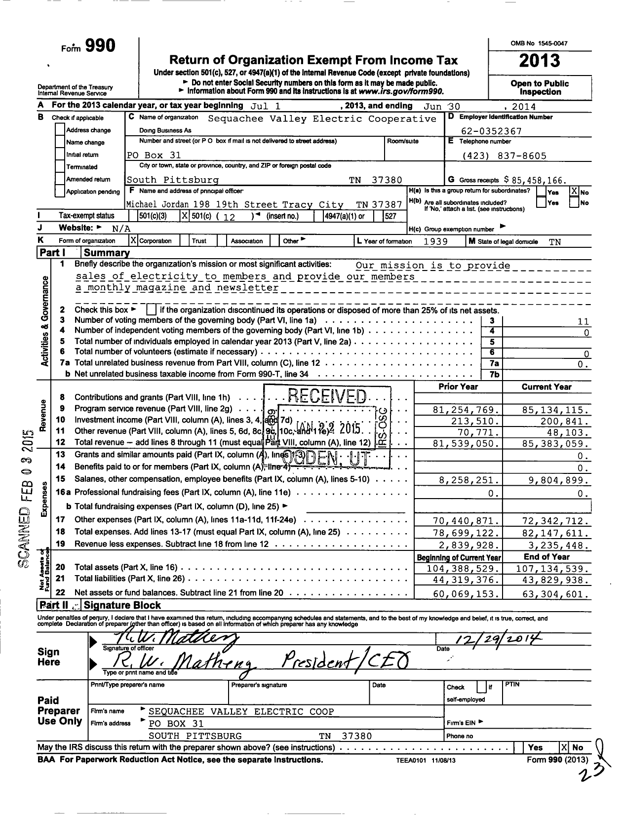 Image of first page of 2013 Form 990O for Sequachee Valley Electric Cooperative
