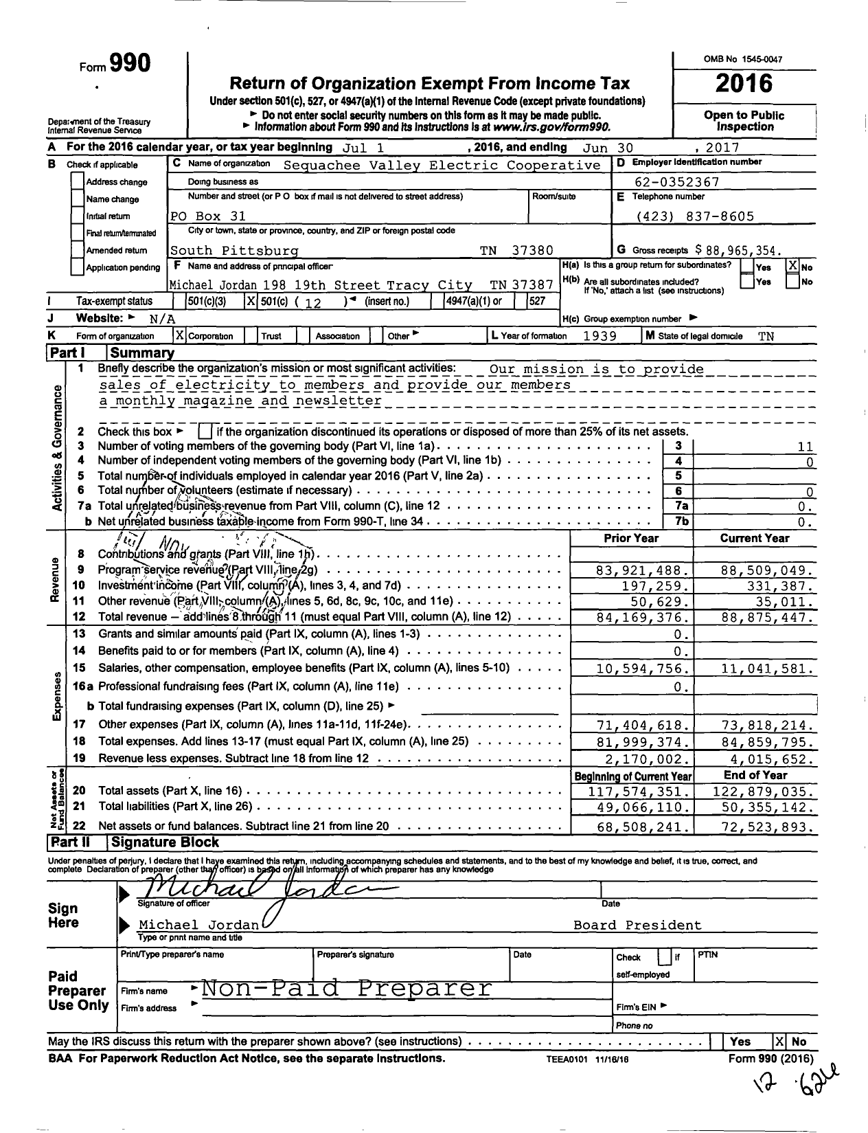 Image of first page of 2016 Form 990O for Sequachee Valley Electric Cooperative