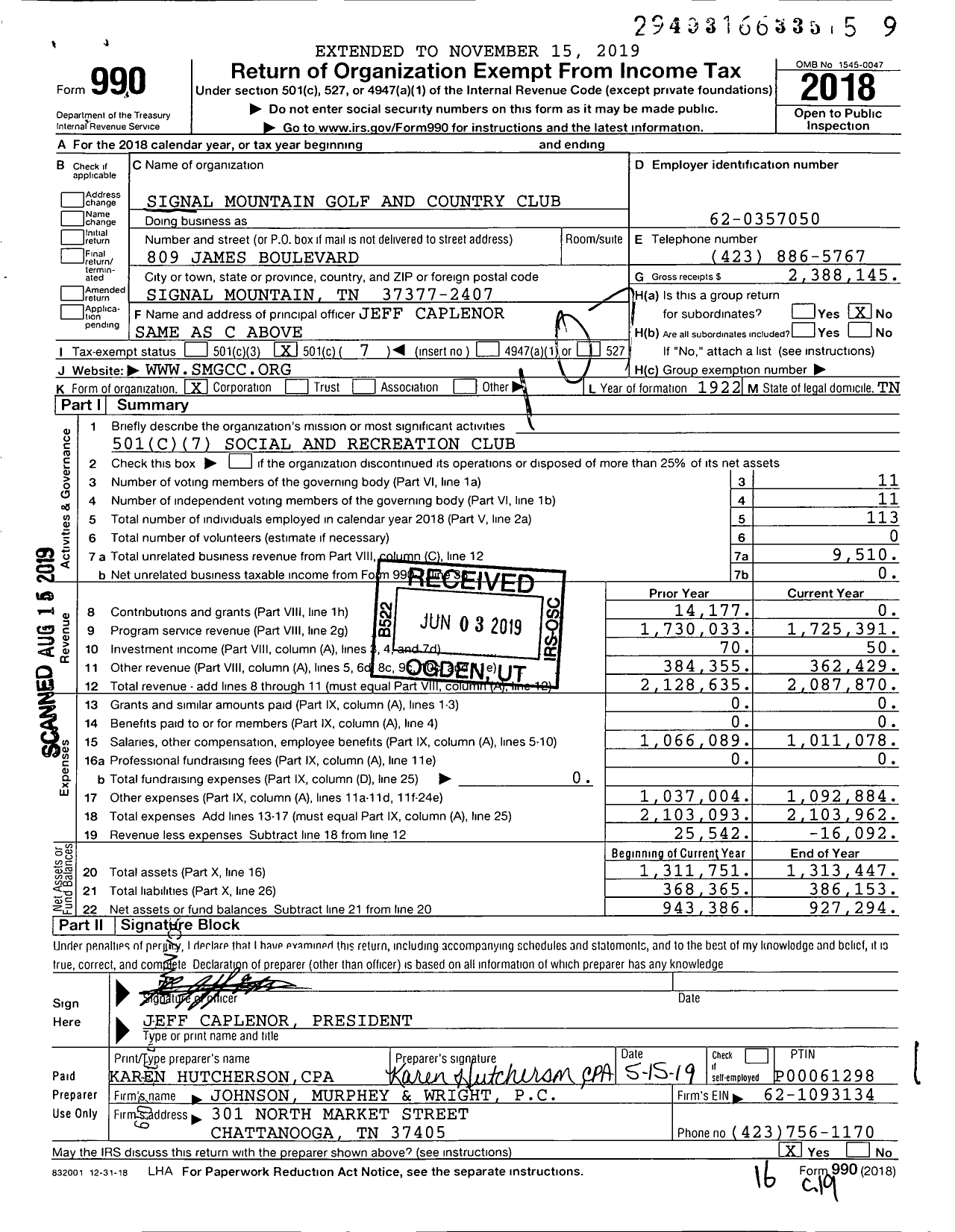 Image of first page of 2018 Form 990O for Signal Mountain Golf and Country Club