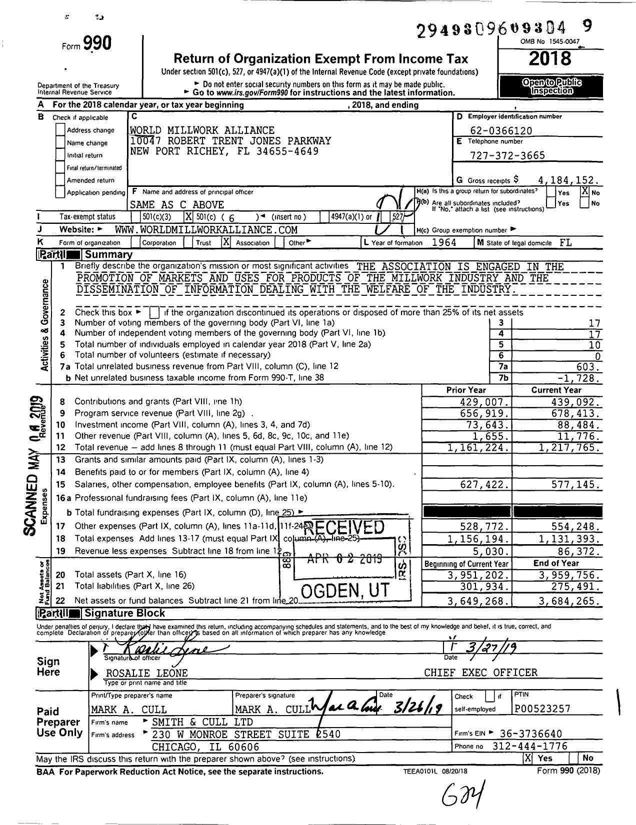 Image of first page of 2018 Form 990O for World Millwork Alliance