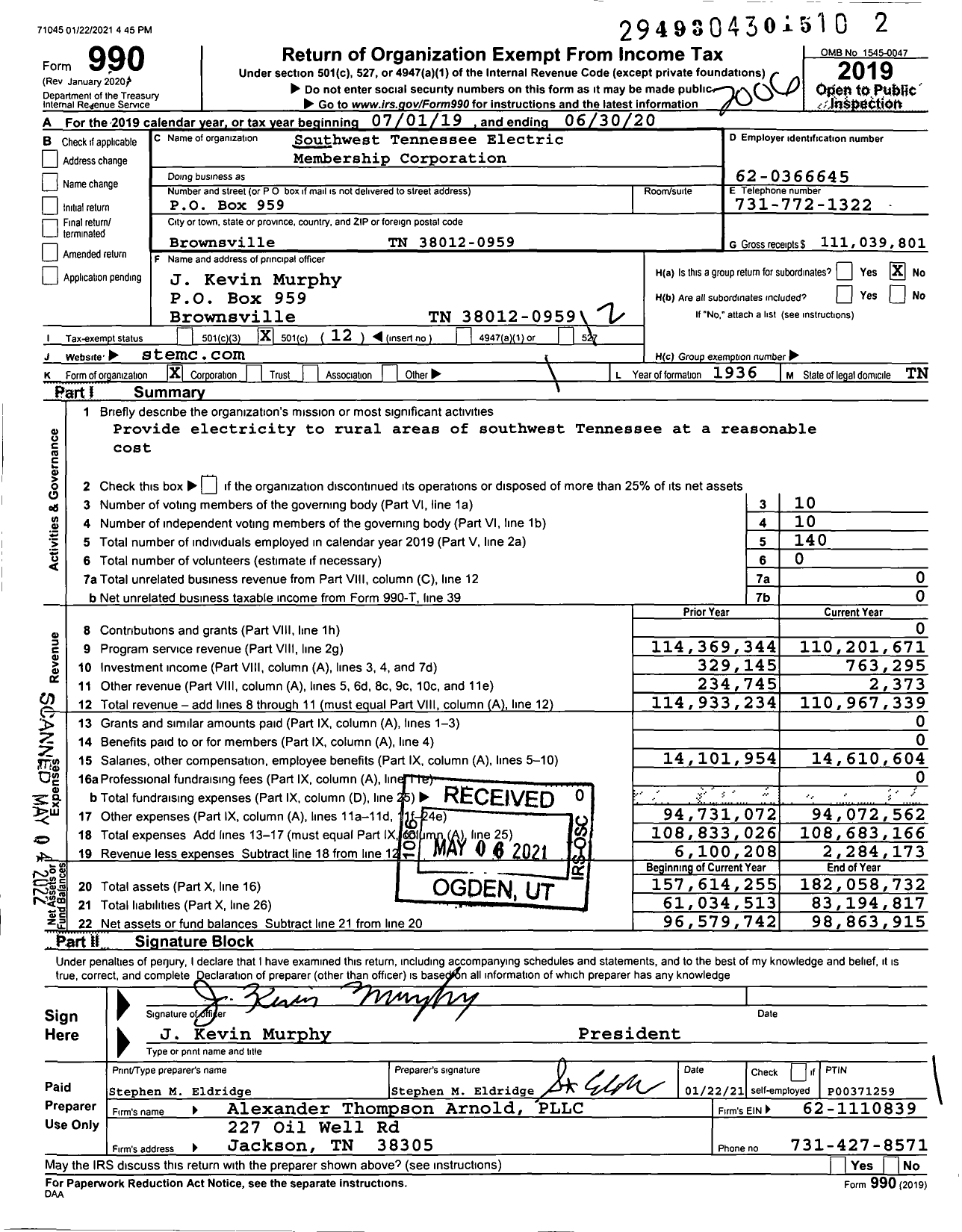 Image of first page of 2019 Form 990O for Southwest Tennessee Electric Membership Corporation