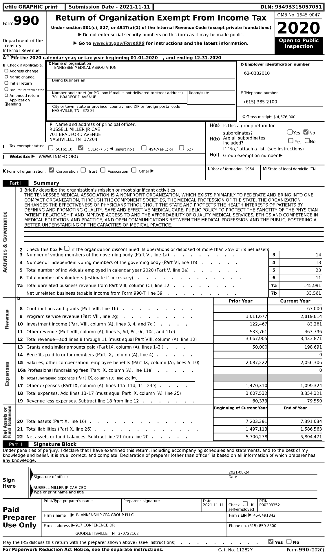 Image of first page of 2020 Form 990 for Tennessee Medical Association