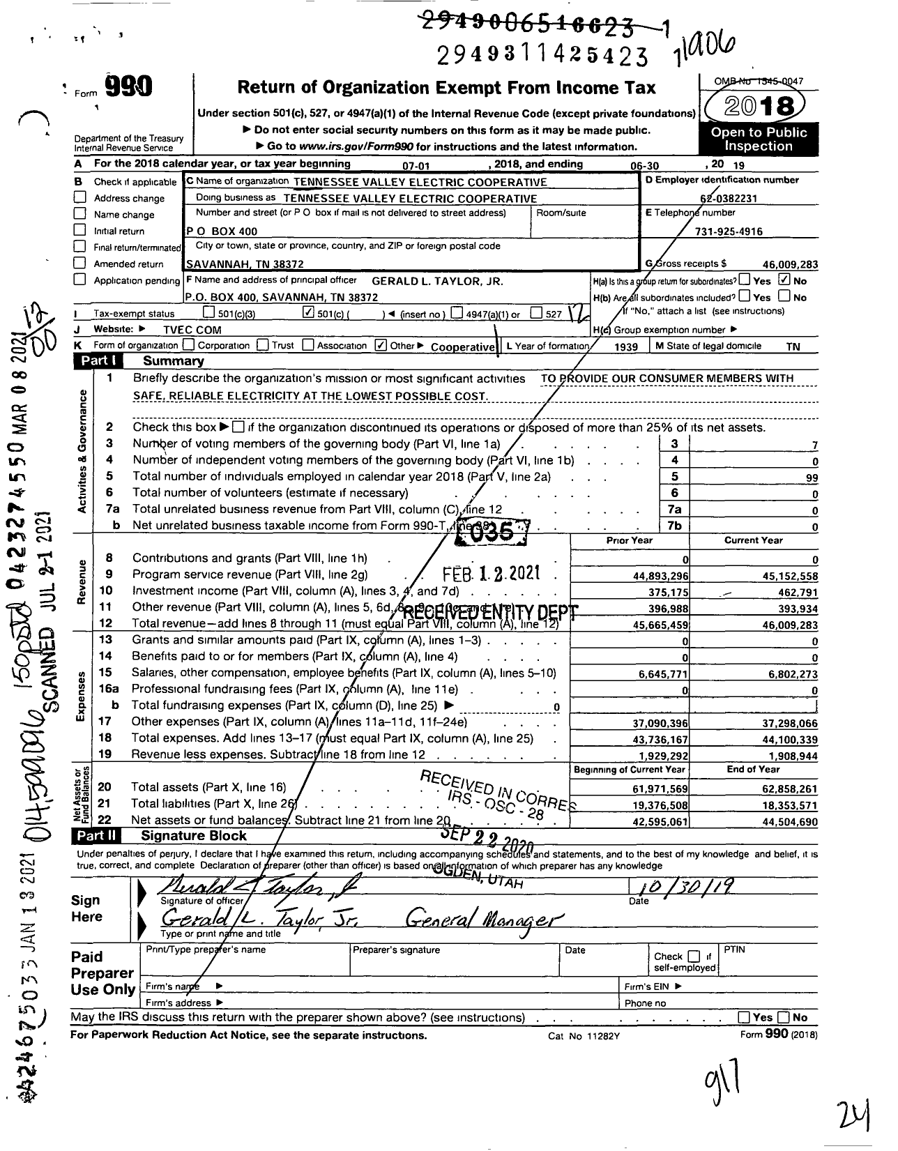 Image of first page of 2019 Form 990O for Tennessee Valley Electric Cooperative