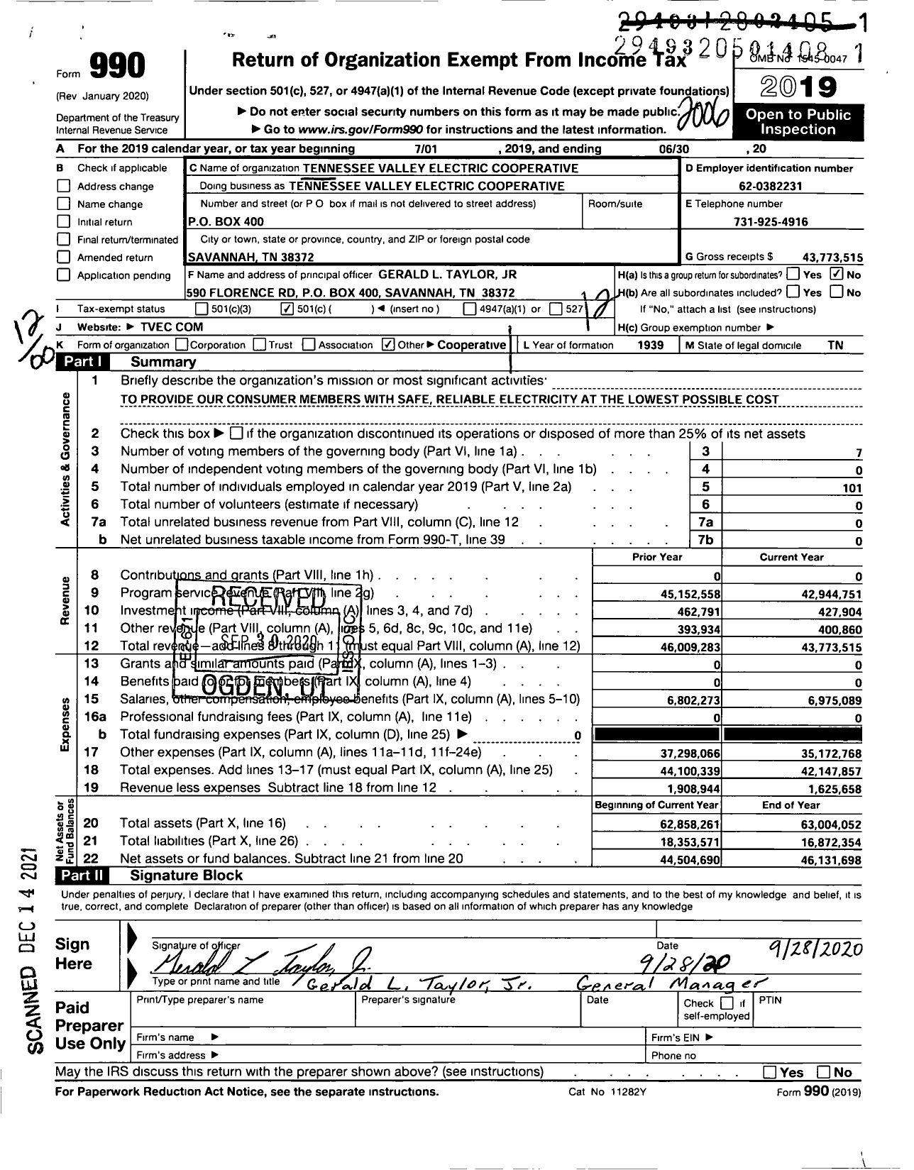 Image of first page of 2019 Form 990O for Tennessee Valley Electric Cooperative