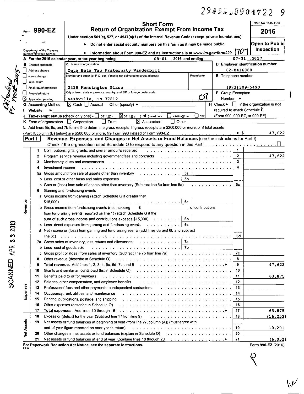 Image of first page of 2016 Form 990EO for Zeta Beta Tau Fraternity