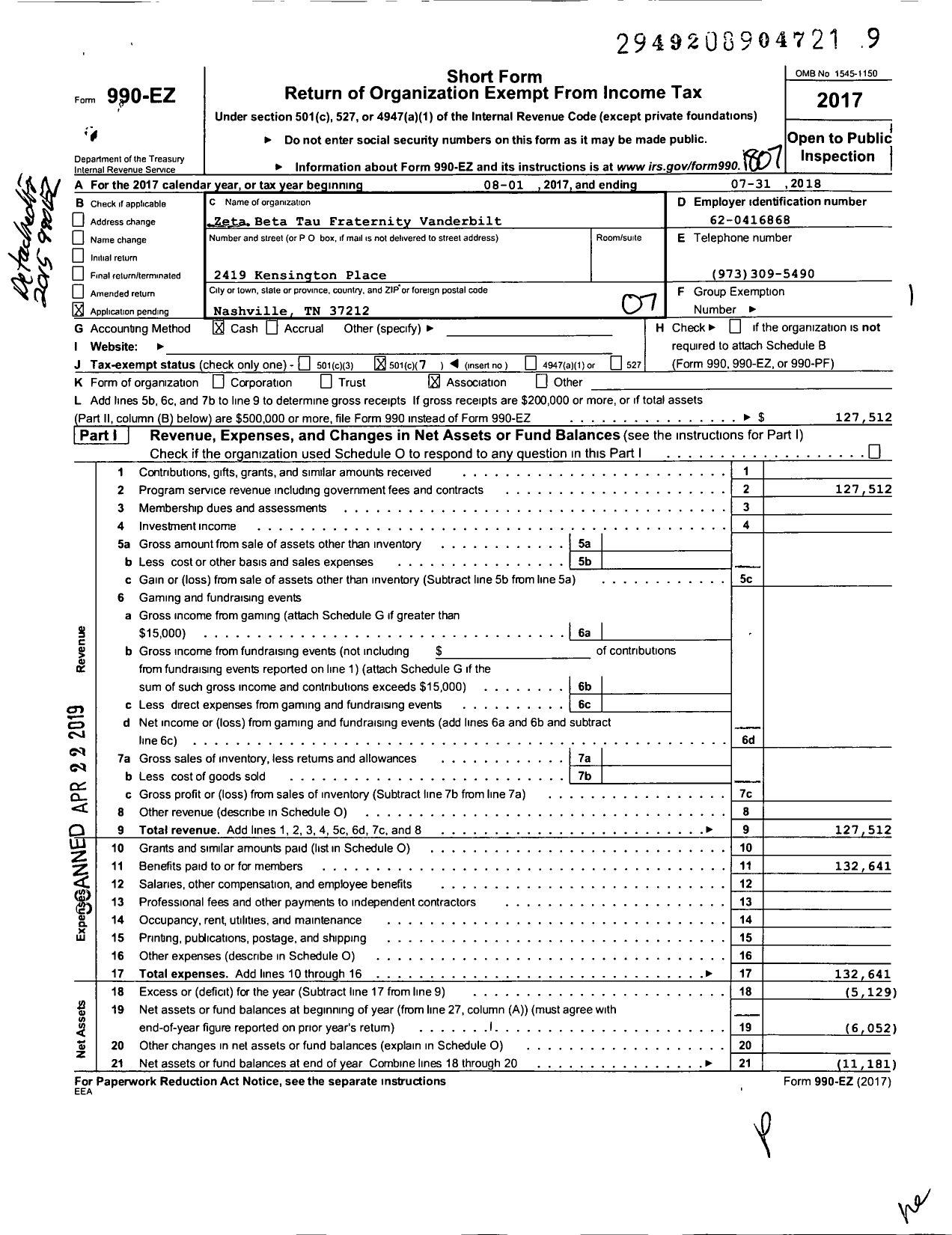 Image of first page of 2017 Form 990EO for Zeta Beta Tau Fraternity