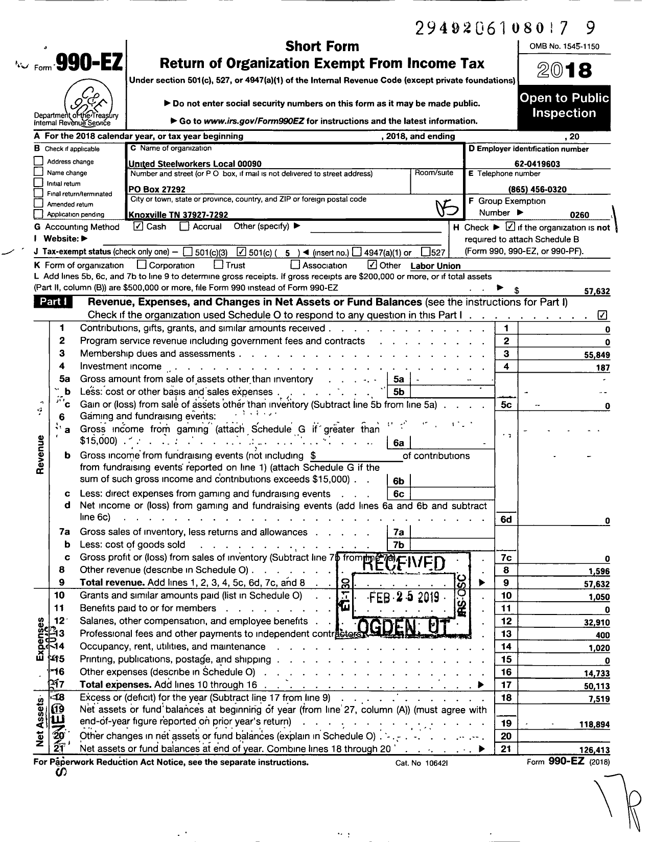 Image of first page of 2018 Form 990EO for United Steelworkers - 90 Local