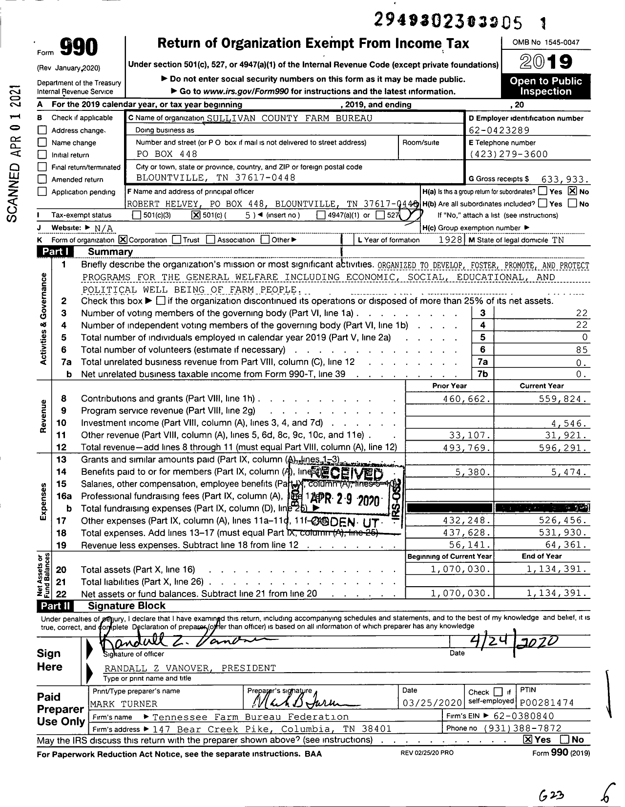 Image of first page of 2019 Form 990 for Sullivan County Farm Bureau