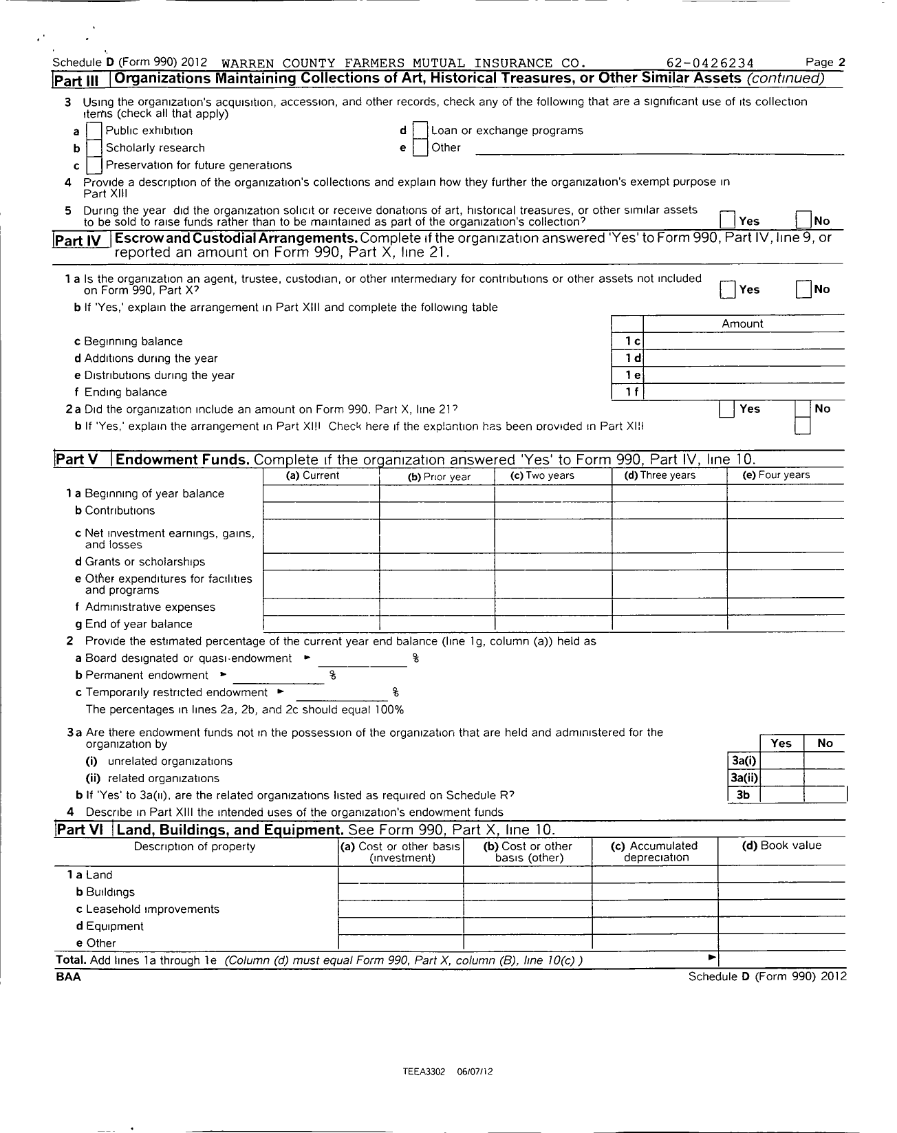 Image of first page of 2012 Form 990O for Warren County Farmers Mutual Insurance