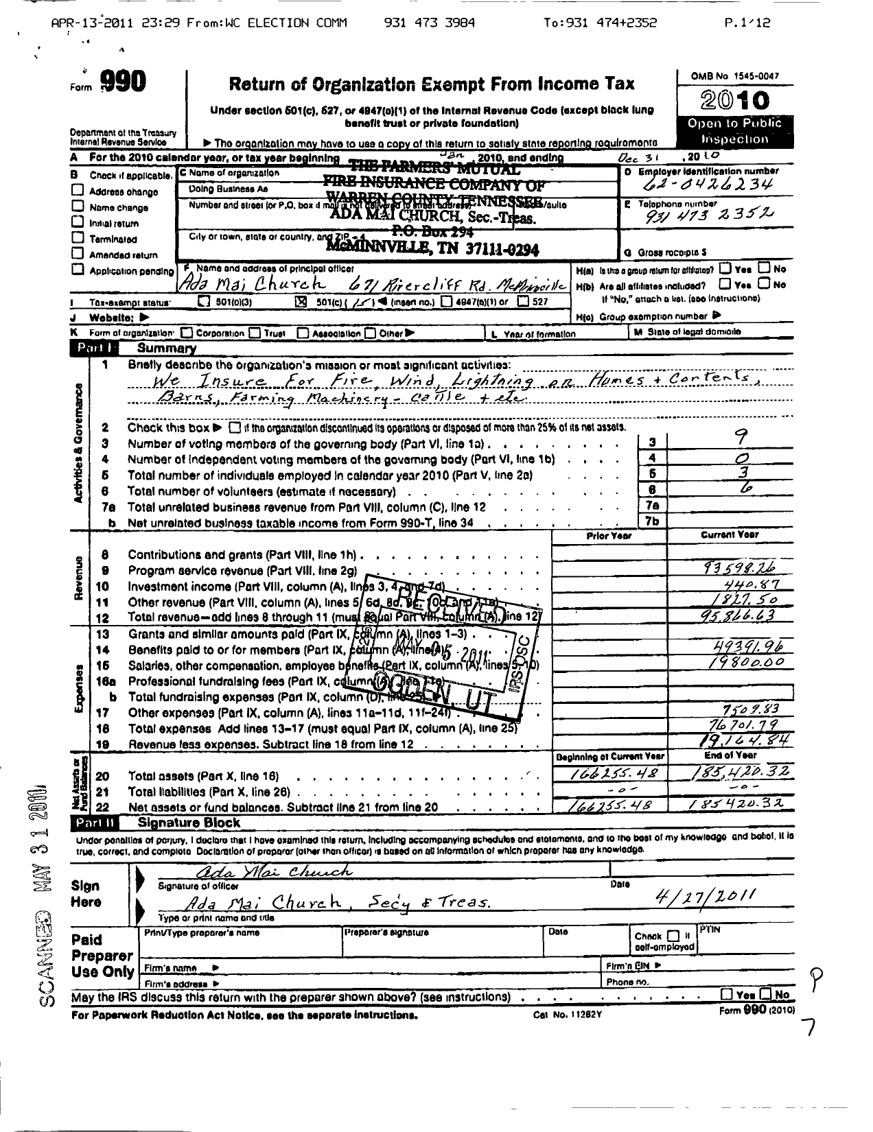 Image of first page of 2010 Form 990O for Warren County Farmers Mutual Insurance