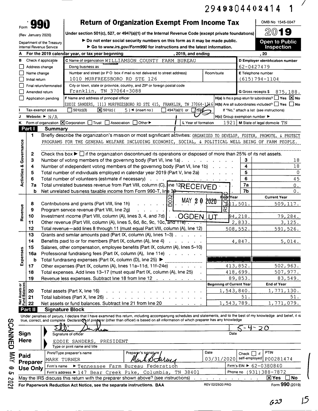 Image of first page of 2019 Form 990O for Williamson County Farm Bureau