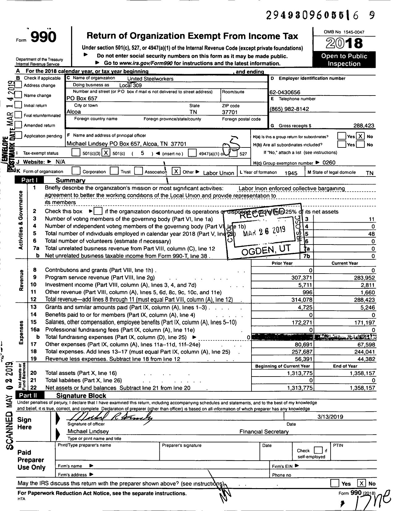 Image of first page of 2018 Form 990O for United Steelworkers Local 309