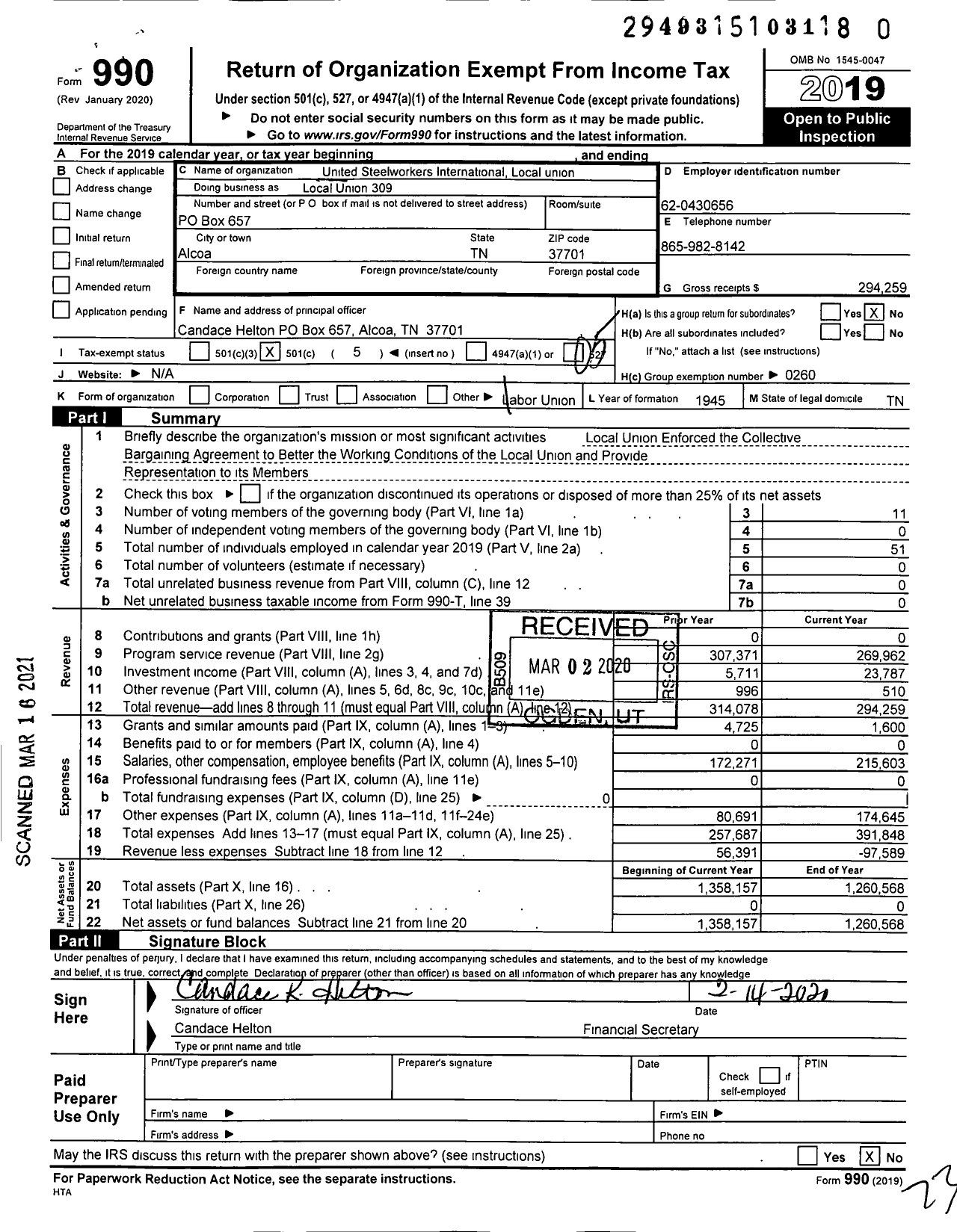 Image of first page of 2019 Form 990O for United Steelworkers Local 309
