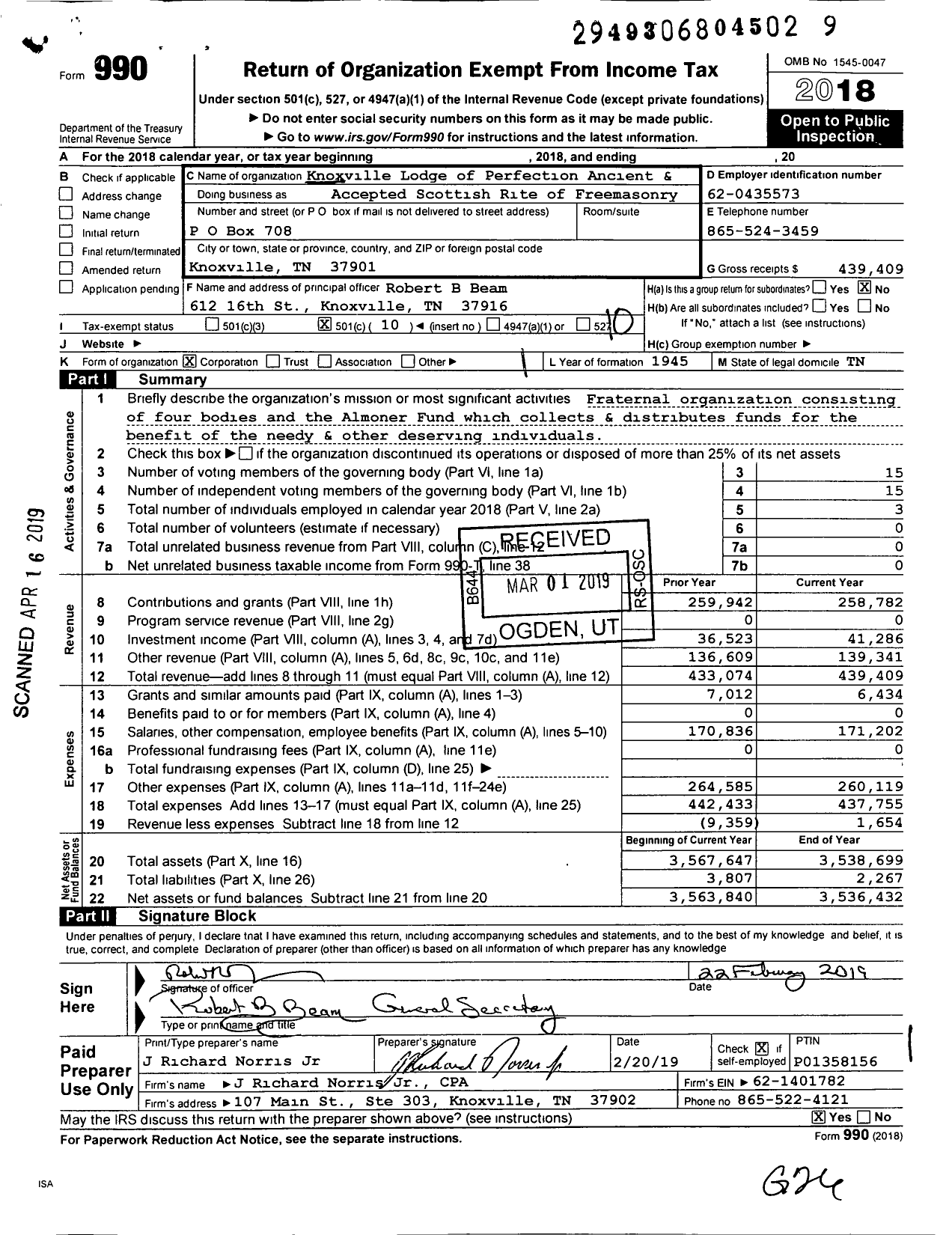 Image of first page of 2018 Form 990O for Knoxville Lodge of Perfection Ancient and Accepted Scottish Rite of Freemasonry