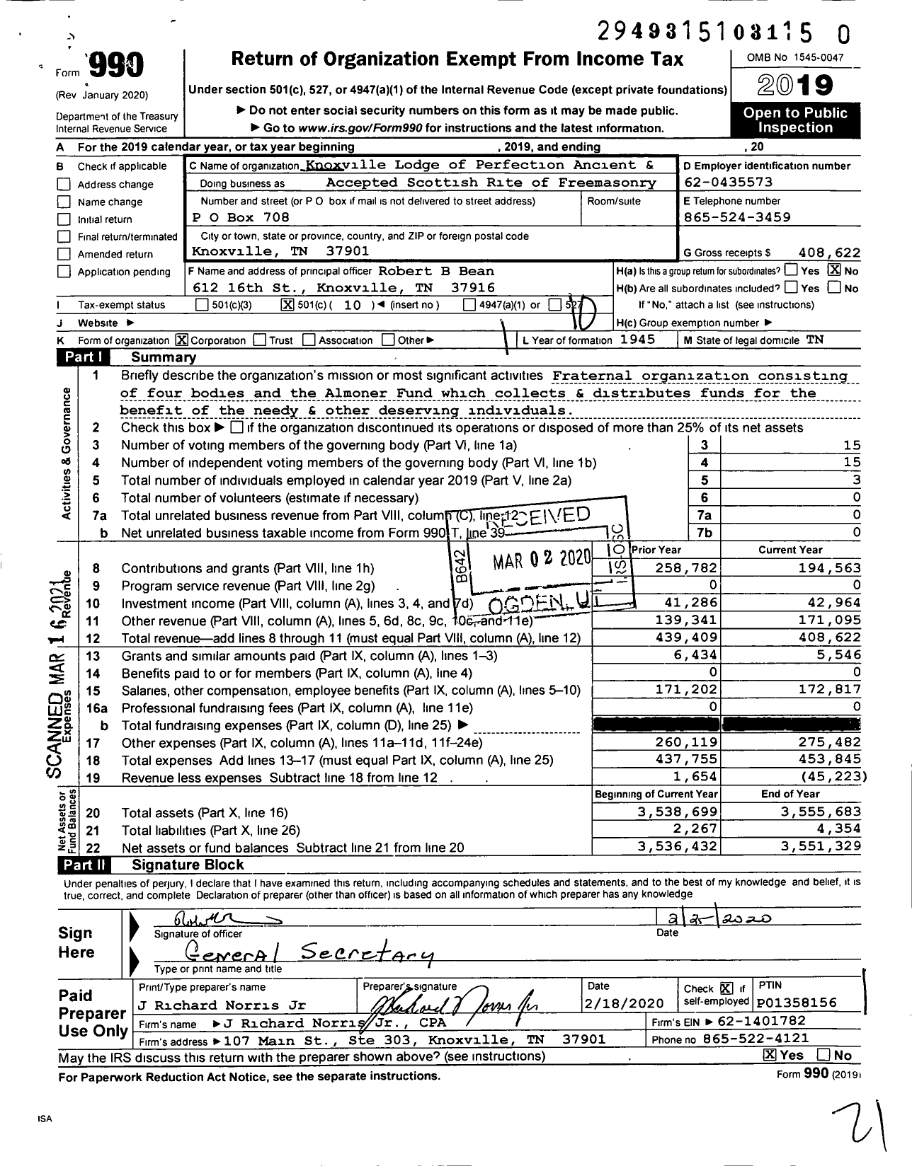 Image of first page of 2019 Form 990O for Knoxville Lodge of Perfection Ancient and Accepted Scottish Rite of Freemasonry