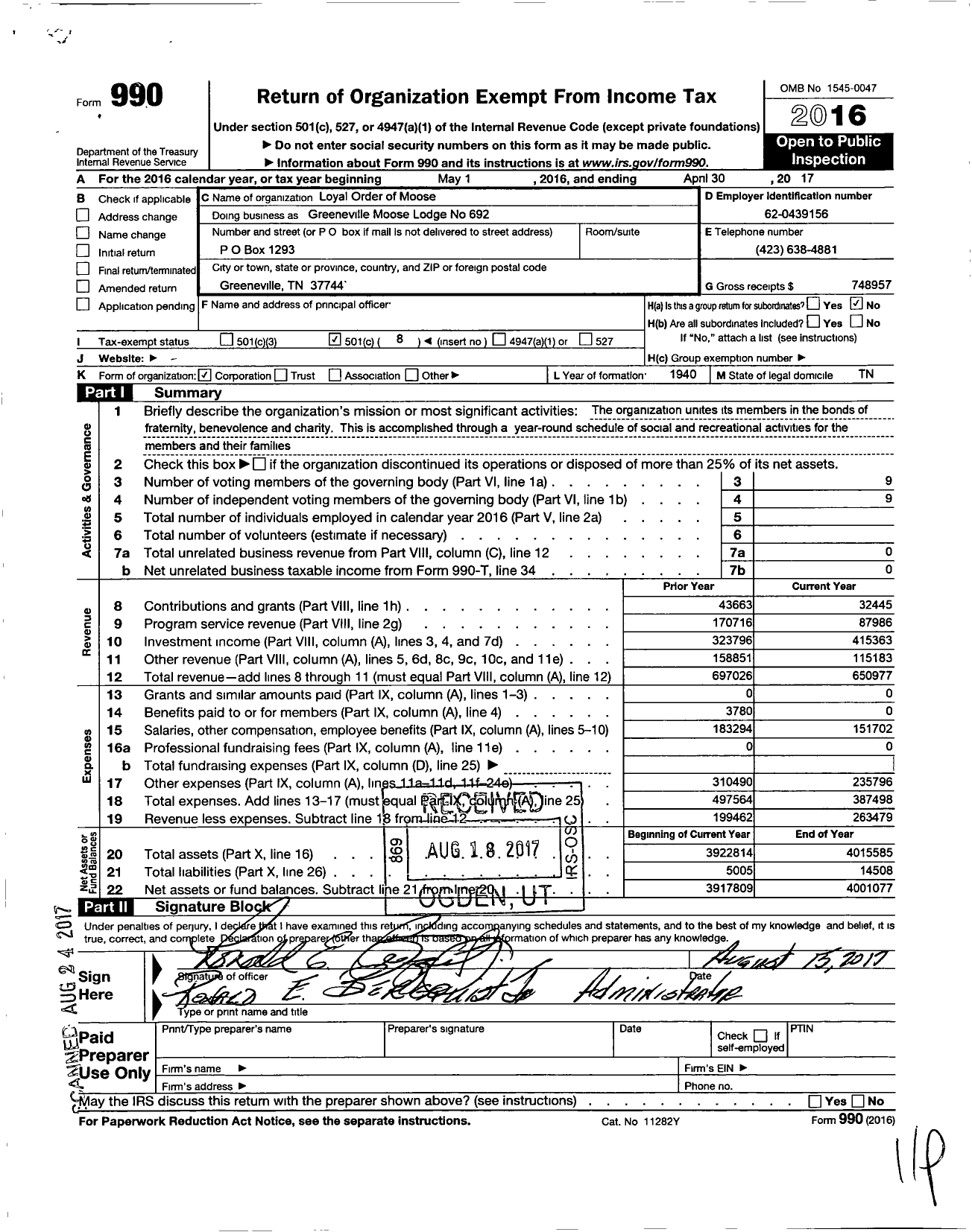 Image of first page of 2016 Form 990O for Loyal Order of Moose